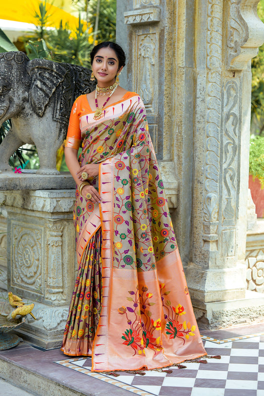 Vsaree Coffee Soft Banarasi Silk Paithani Saree with Zari Weaving Pattern With Contrast Border And Rich Pallu With Contrast Blouse