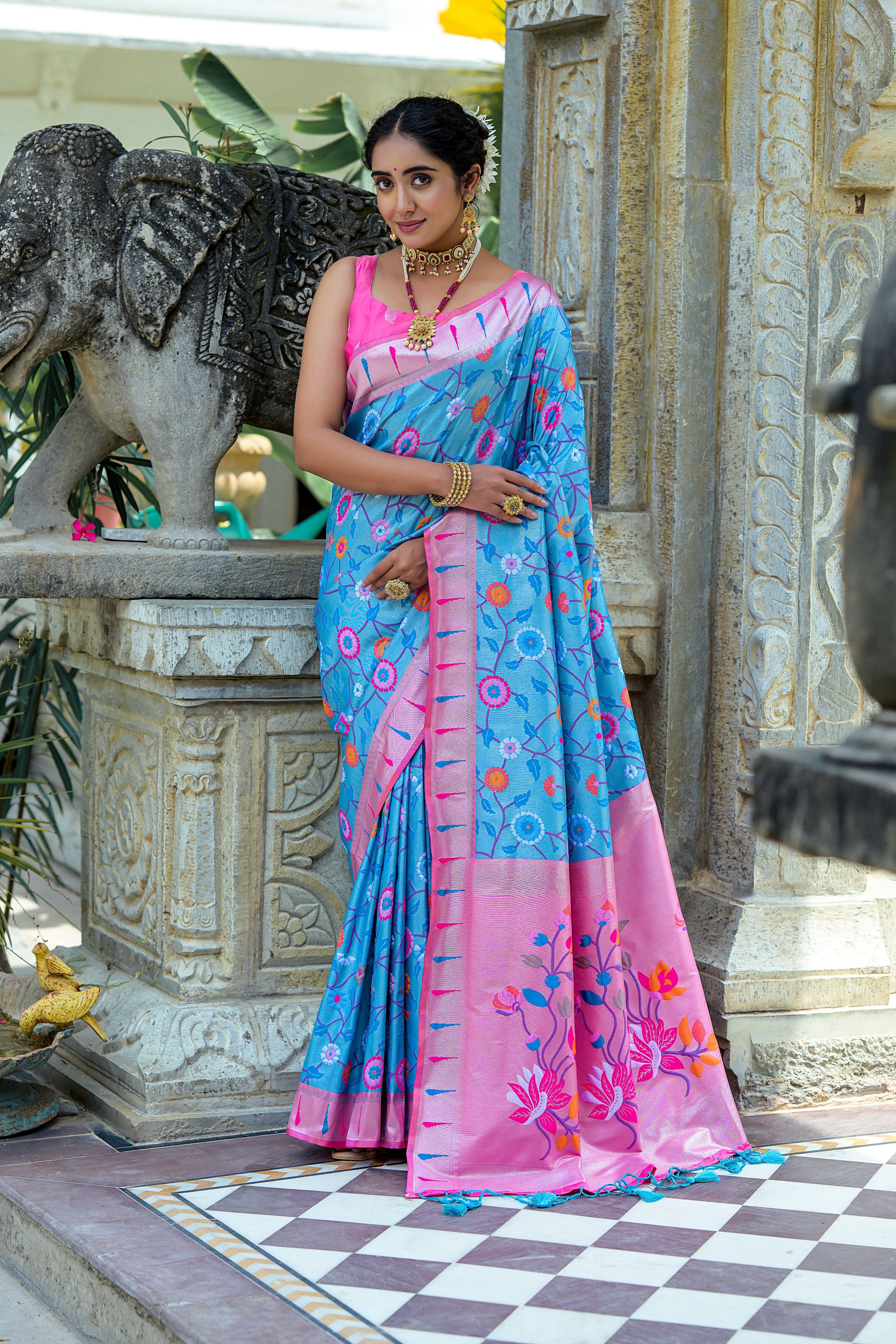 Vsaree Firozo Soft Banarasi Silk Paithani Saree with Zari Weaving Pattern With Contrast Border And Rich Pallu With Contrast Blouse