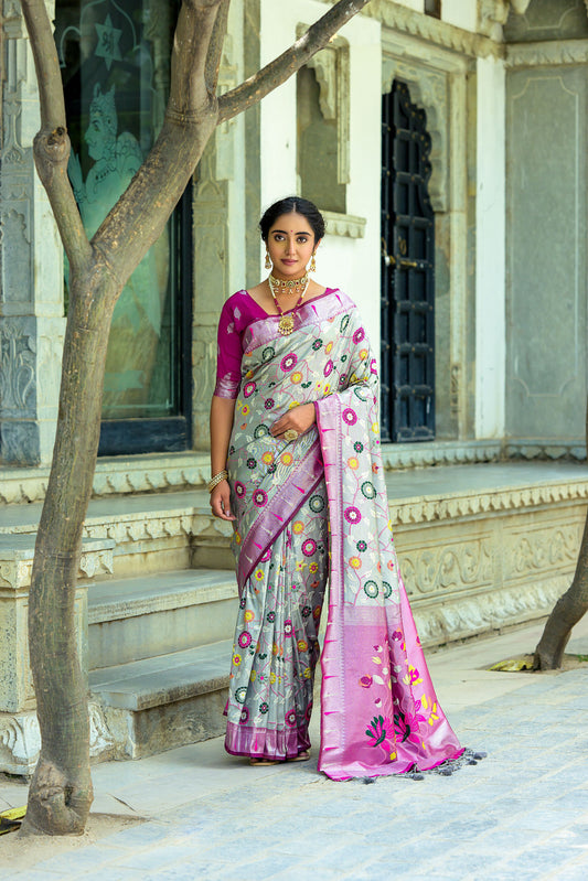 Vsaree Grey Soft Banarasi Silk Paithani Saree with Zari Weaving Pattern With Contrast Border And Rich Pallu With Contrast Blouse