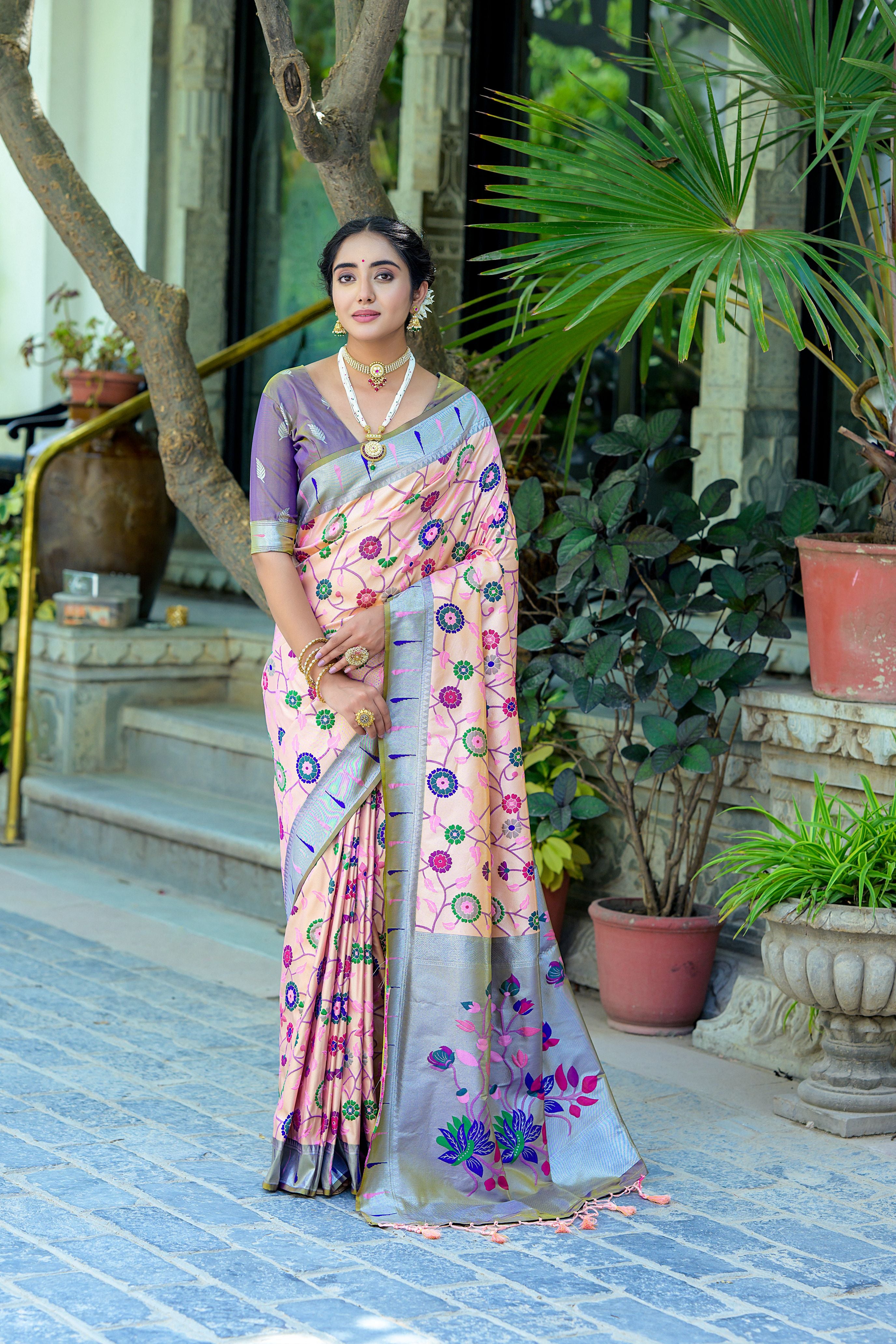 Vsaree Peach Soft Banarasi Silk Paithani Saree with Zari Weaving Pattern With Contrast Border And Rich Pallu With Contrast Blouse