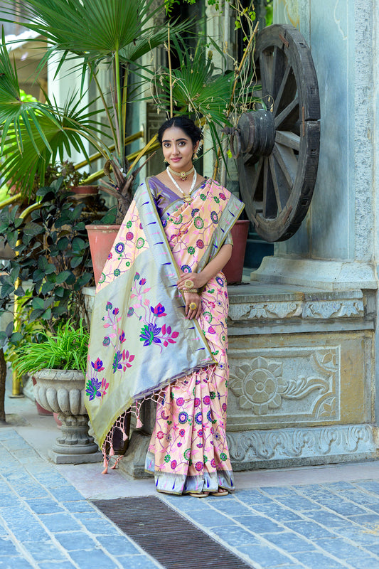 Vsaree Peach Soft Banarasi Silk Paithani Saree with Zari Weaving Pattern With Contrast Border And Rich Pallu With Contrast Blouse