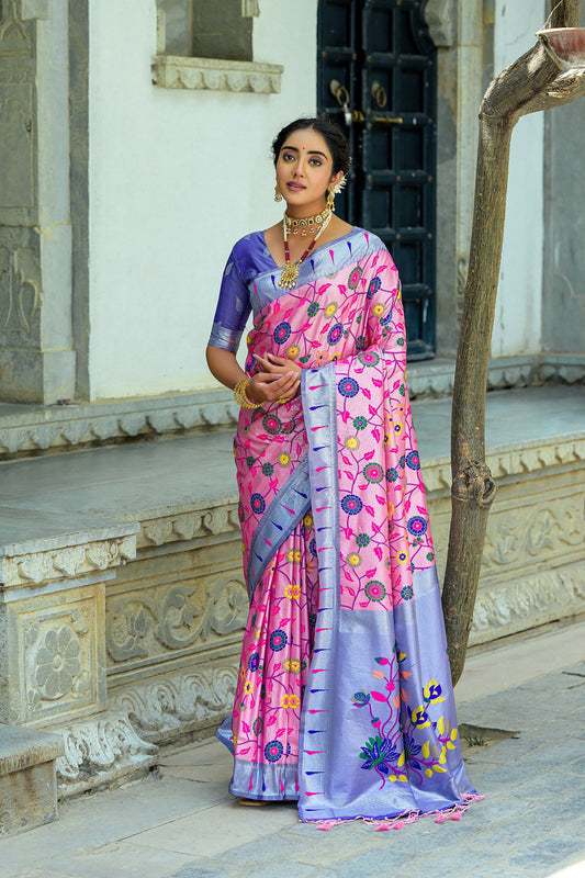 Vsaree Pink Soft Banarasi Silk Paithani Saree with Zari Weaving Pattern With Contrast Border And Rich Pallu With Contrast Blouse