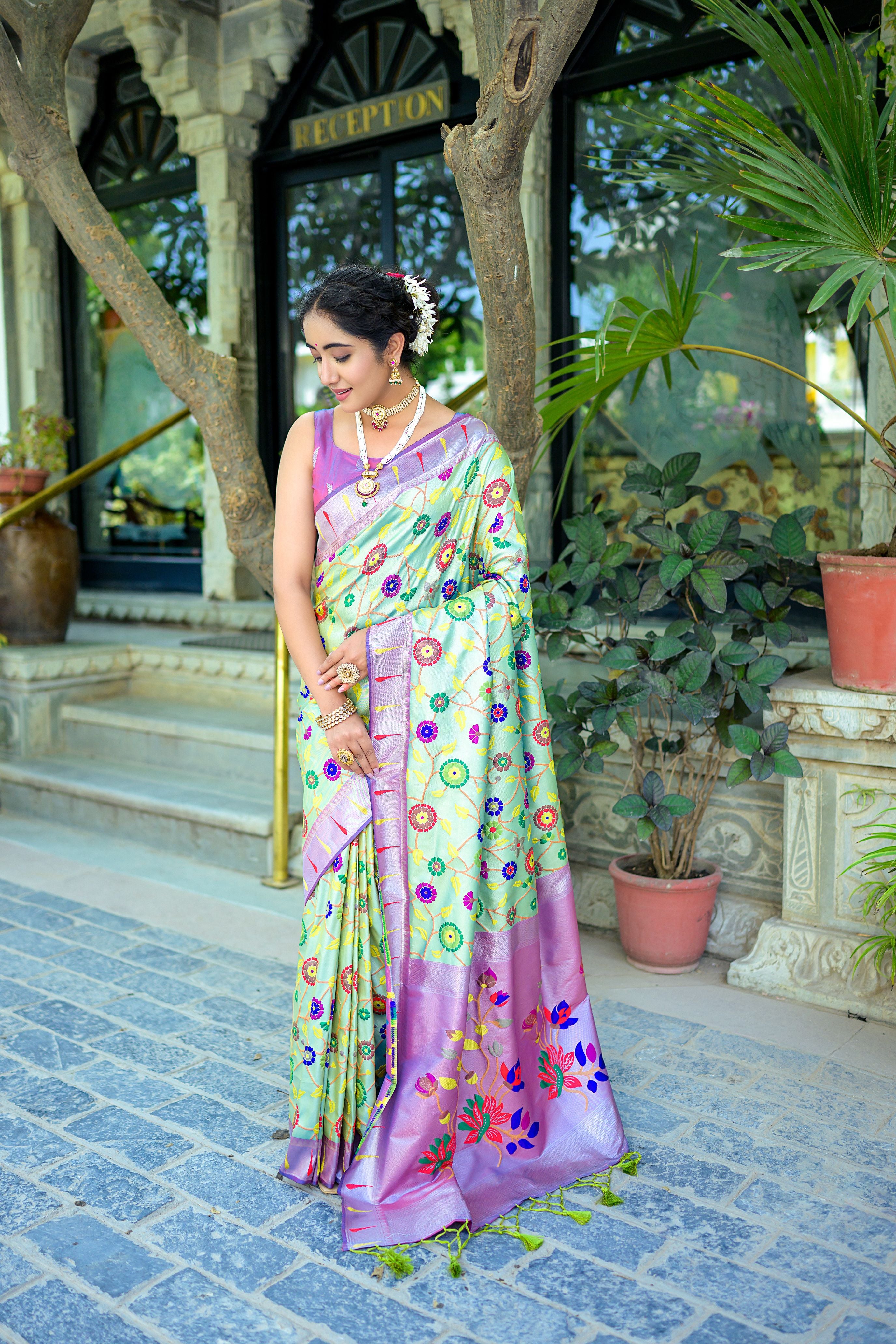 Vsaree Sea Green Soft Banarasi Silk Paithani Saree with Zari Weaving Pattern With Contrast Border And Rich Pallu With Contrast Blouse