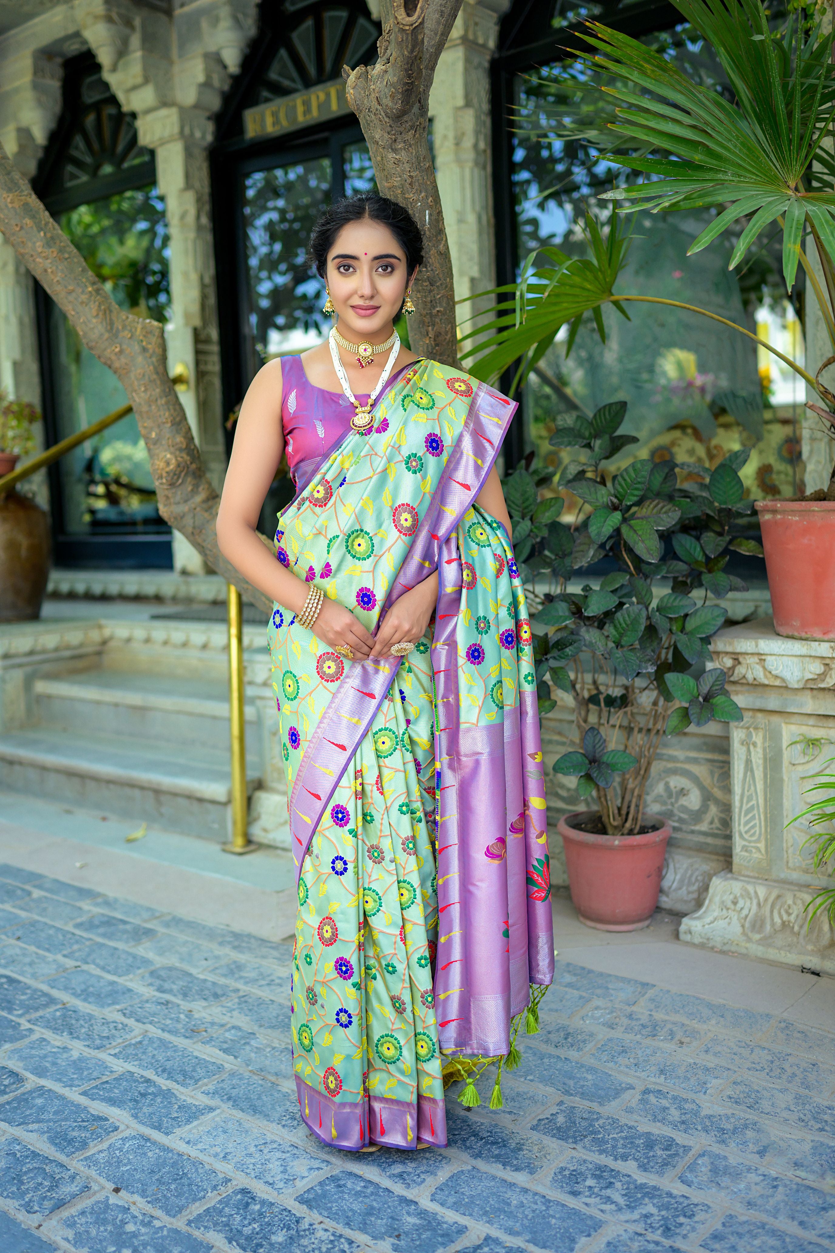 Vsaree Sea Green Soft Banarasi Silk Paithani Saree with Zari Weaving Pattern With Contrast Border And Rich Pallu With Contrast Blouse