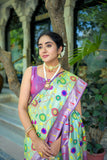 Vsaree Sea Green Soft Banarasi Silk Paithani Saree with Zari Weaving Pattern With Contrast Border And Rich Pallu With Contrast Blouse