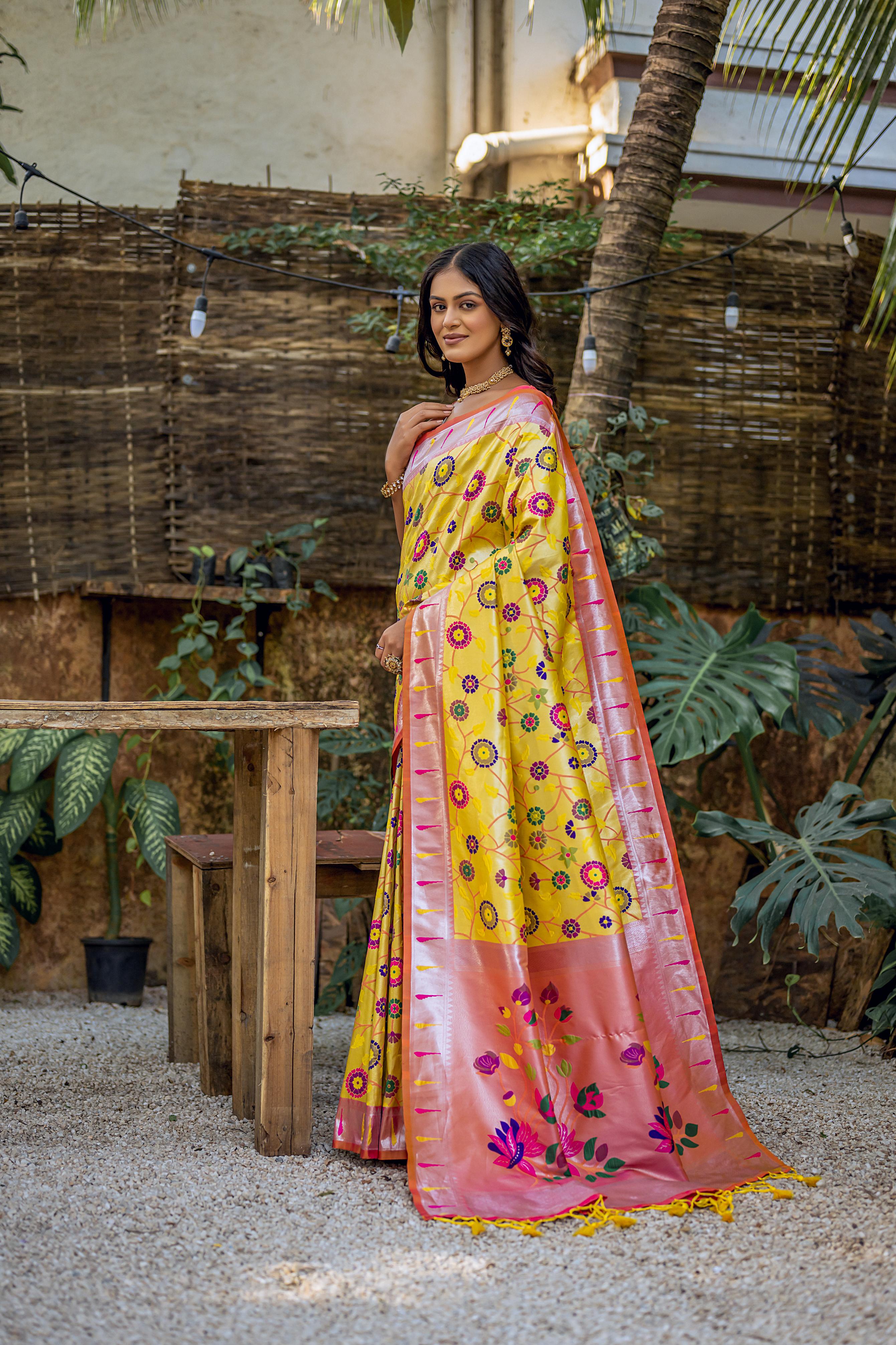 Vsaree Yellow Soft Banarasi Silk Paithani Saree with Zari Weaving Pattern With Contrast Border And Rich Pallu With Contrast Blouse