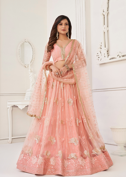 WOMEN'S PEACH BUTTERFLY NET WITH SEQUINS AND EMBROIDERY WORK LEHENGA CHOLI FOR PARTY WEAR