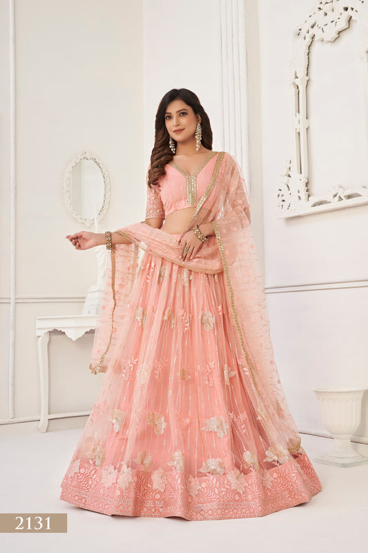 WOMEN'S PEACH BUTTERFLY NET WITH SEQUINS AND EMBROIDERY WORK LEHENGA CHOLI FOR PARTY WEAR