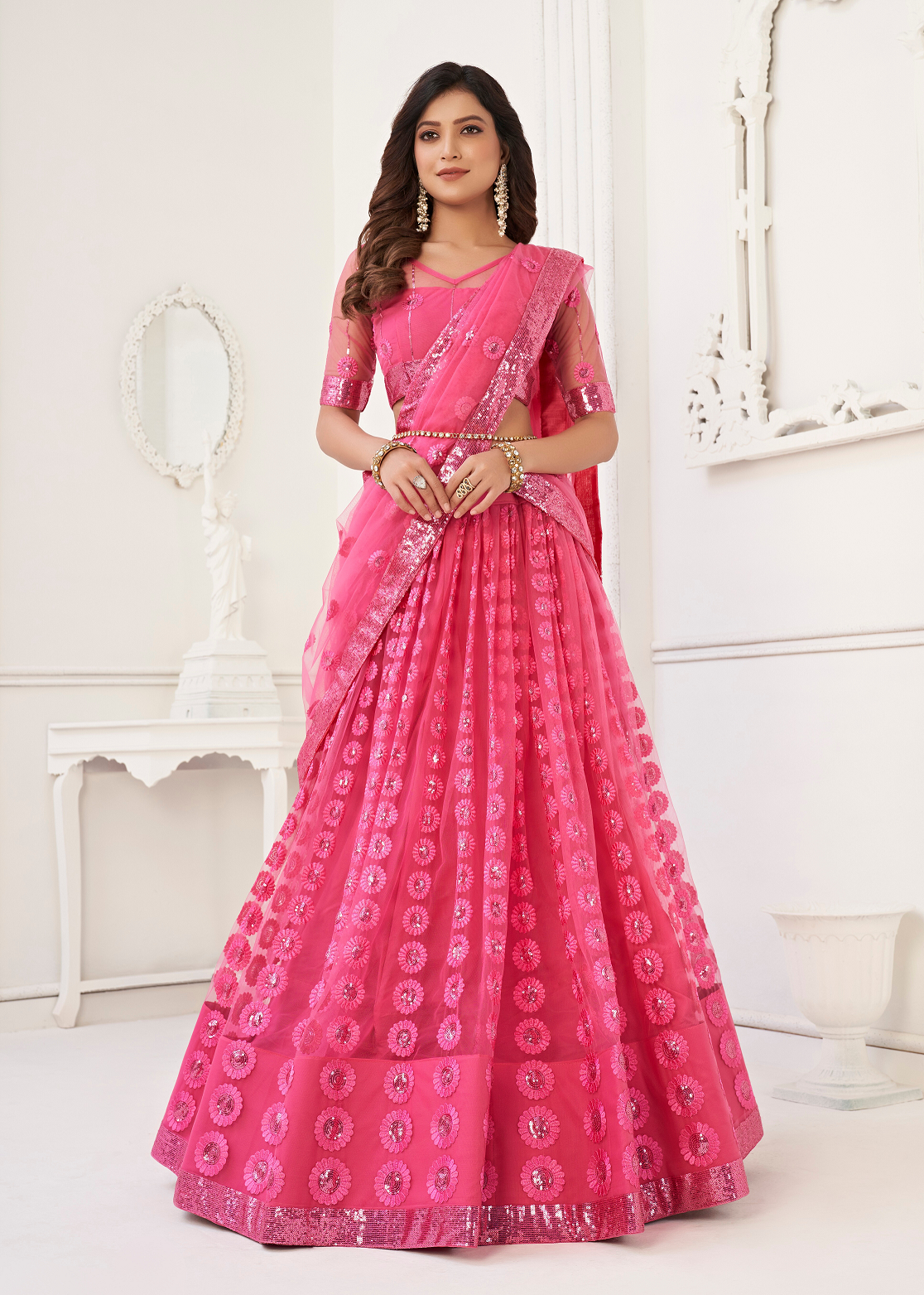 WOMEN'S PINK BUTTERFLY NET WITH SEQUINS AND EMBROIDERY WORK LEHENGA CHOLI FOR PARTY WEAR