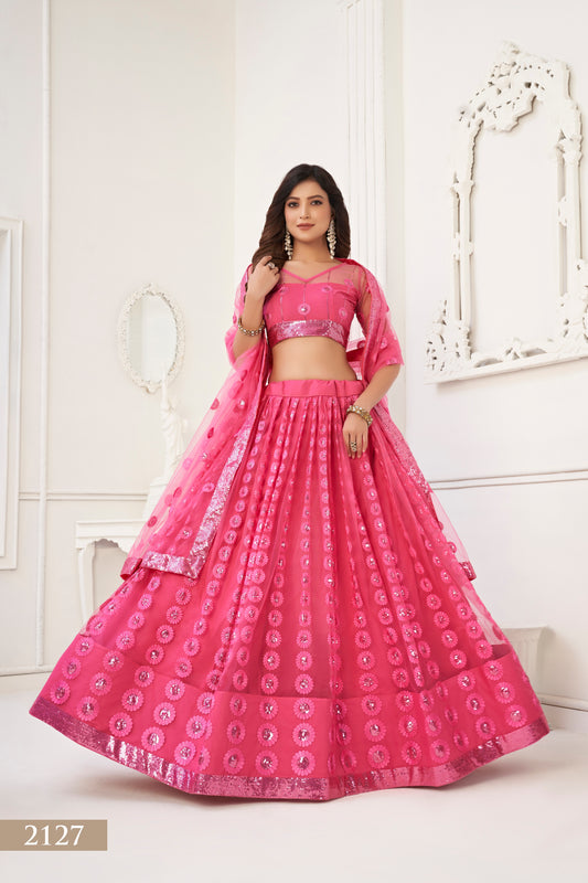 WOMEN'S PINK BUTTERFLY NET WITH SEQUINS AND EMBROIDERY WORK LEHENGA CHOLI FOR PARTY WEAR