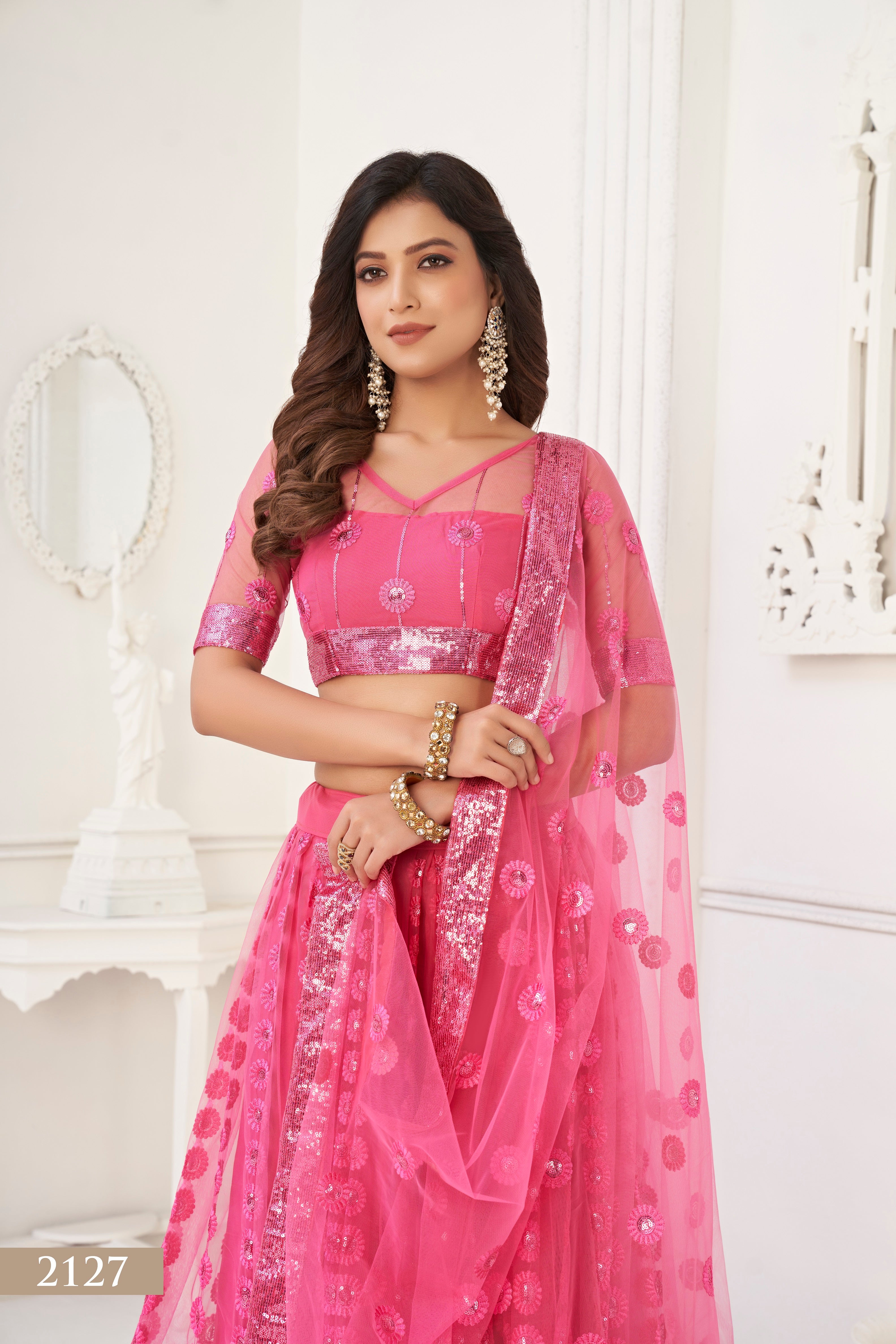 WOMEN'S PINK BUTTERFLY NET WITH SEQUINS AND EMBROIDERY WORK LEHENGA CHOLI FOR PARTY WEAR