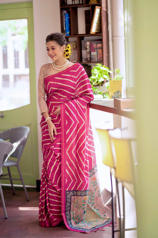 Vsaree Pink Tussar Silk Saree With Leriya Print And Zari Border With Kalamkari Pallu With Blouse