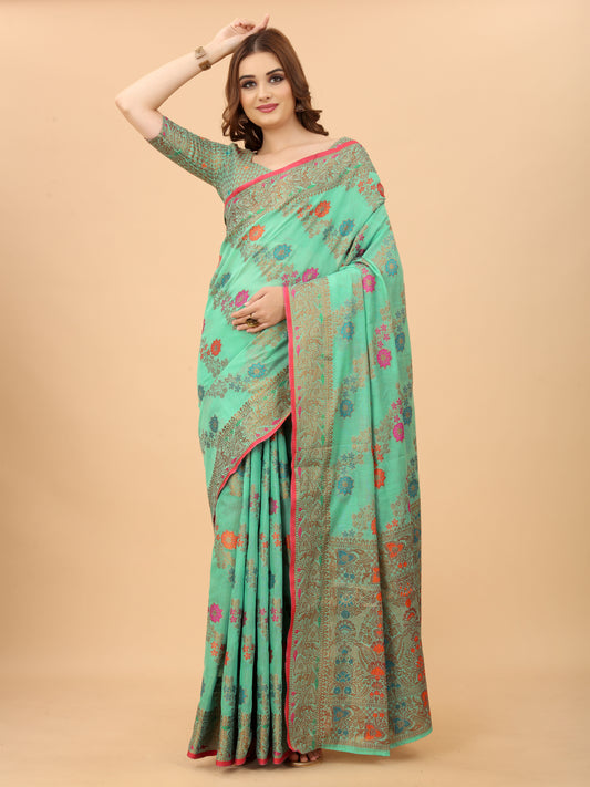 Vsaree Firozi Linen Cotton Saree Zari Weaving Border And Fancy Pallu With Blouse