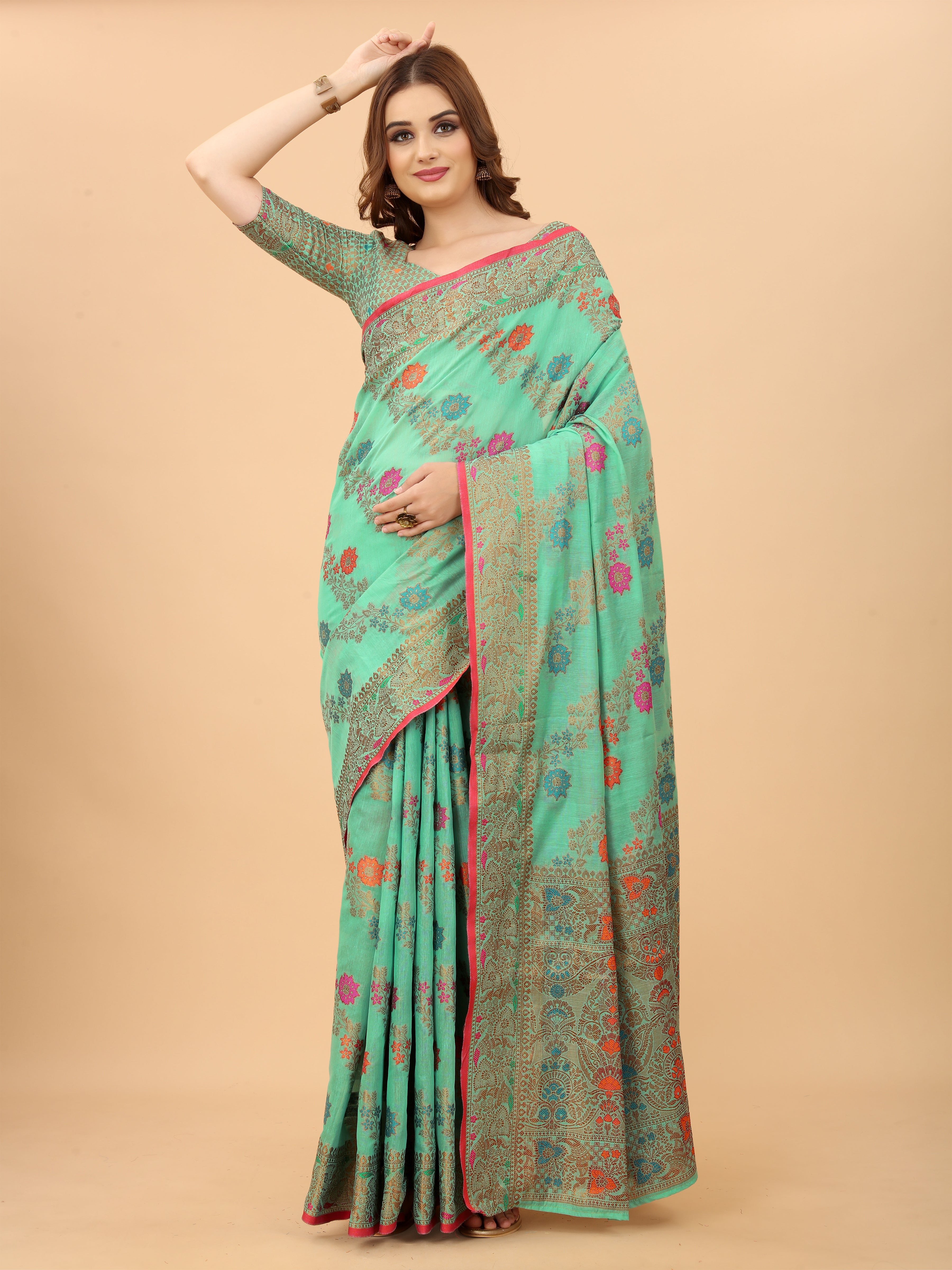 Vsaree Banarasi Cotton Blend Saree With Designer Border And Blouse