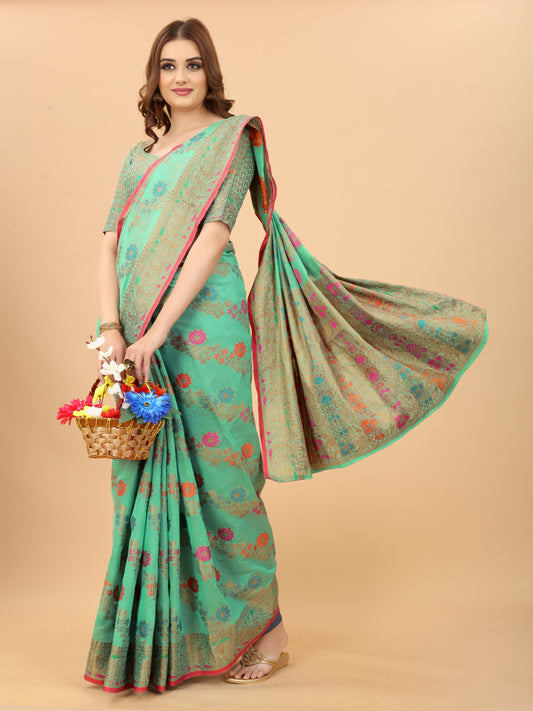 Vsaree Firozi Linen Cotton Saree Zari Weaving Border And Fancy Pallu With Blouse