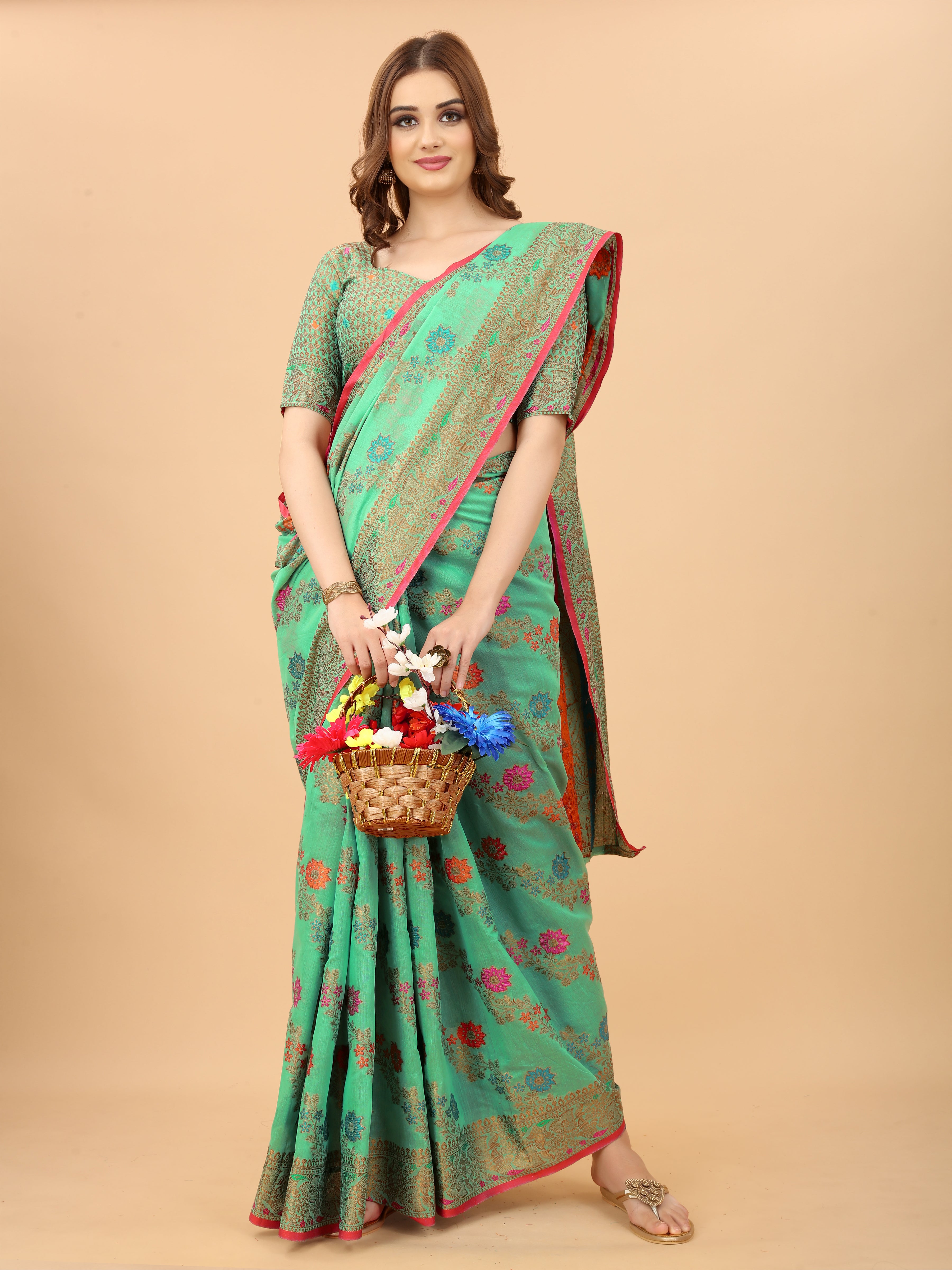 Vsaree Firozi Linen Cotton Saree Zari Weaving Border And Fancy Pallu With Blouse