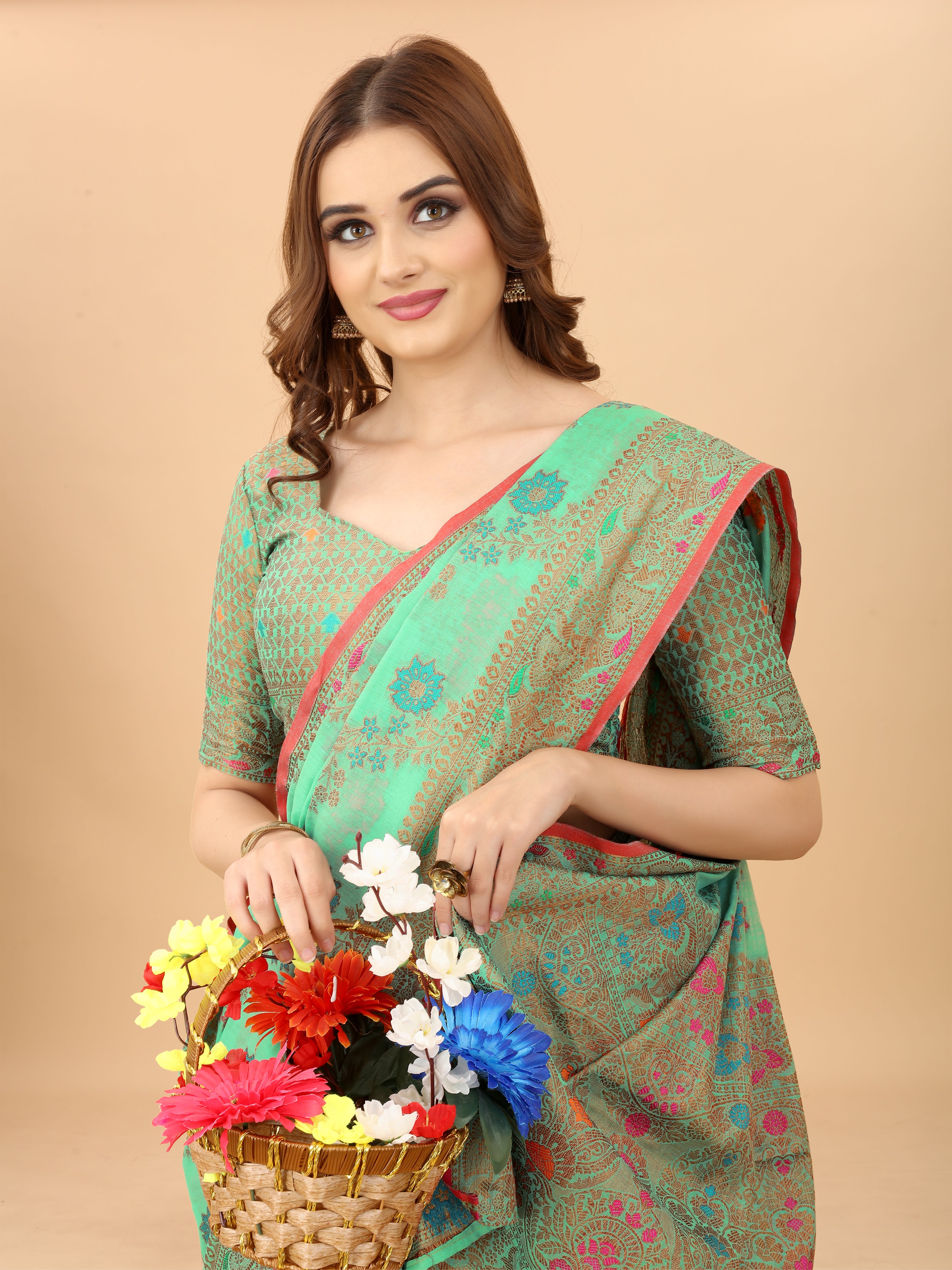 Vsaree Firozi Linen Cotton Saree Zari Weaving Border And Fancy Pallu With Blouse