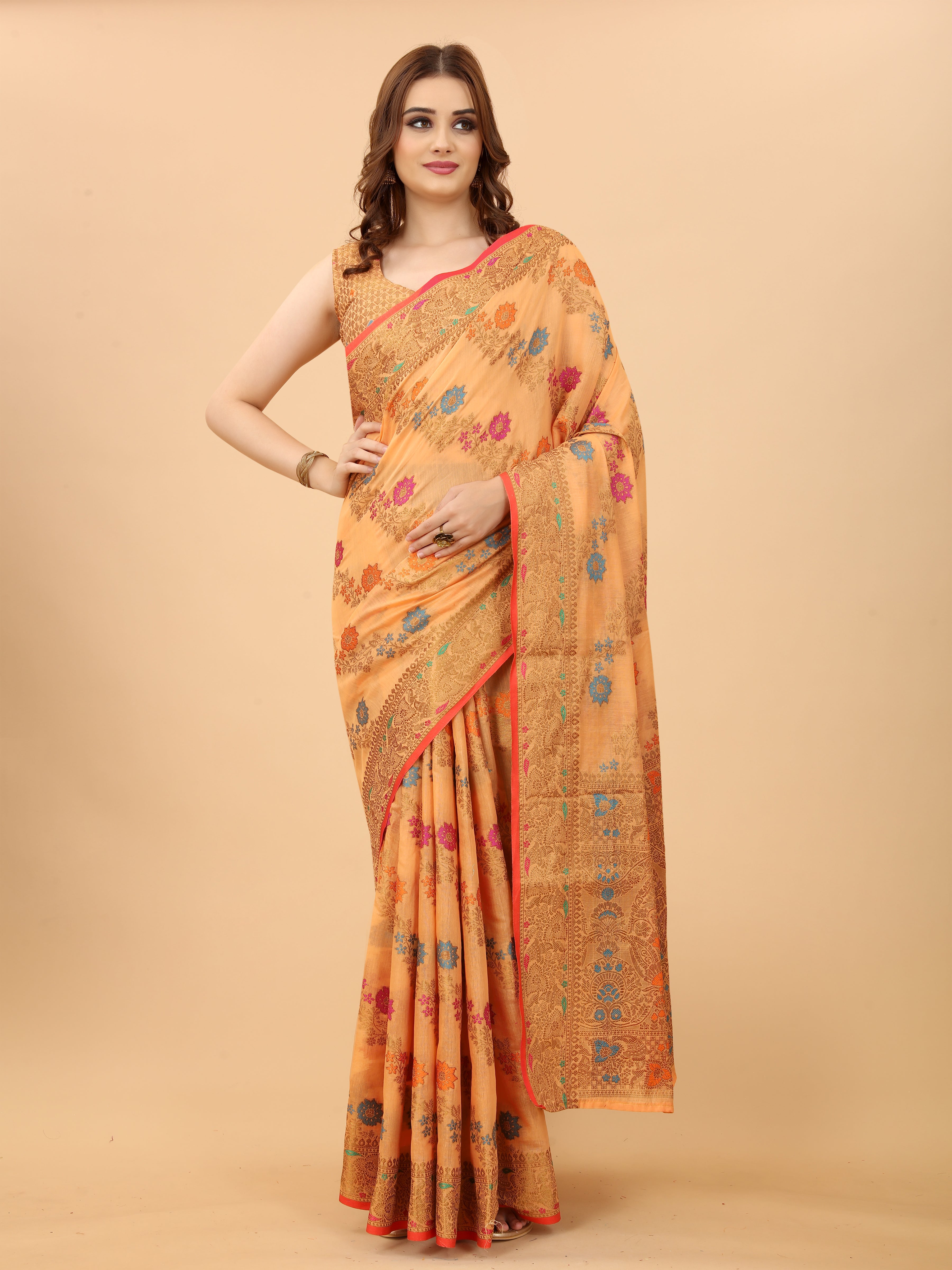 Vsaree Banarasi Cotton Blend Saree With Designer Border And Blouse