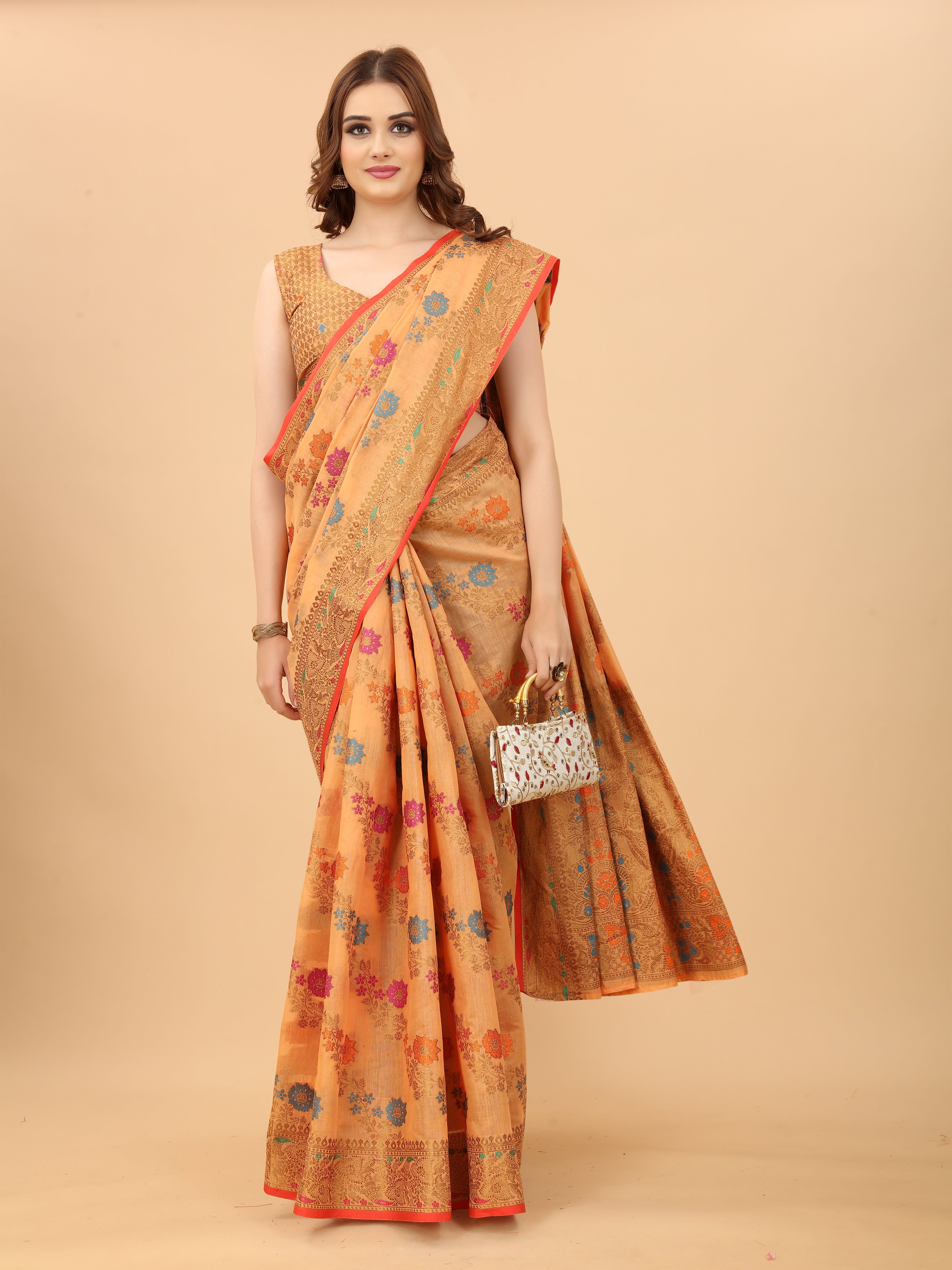 Vsaree Peach Linen Cotton Saree Zari Weaving Border And Fancy Pallu With Blouse