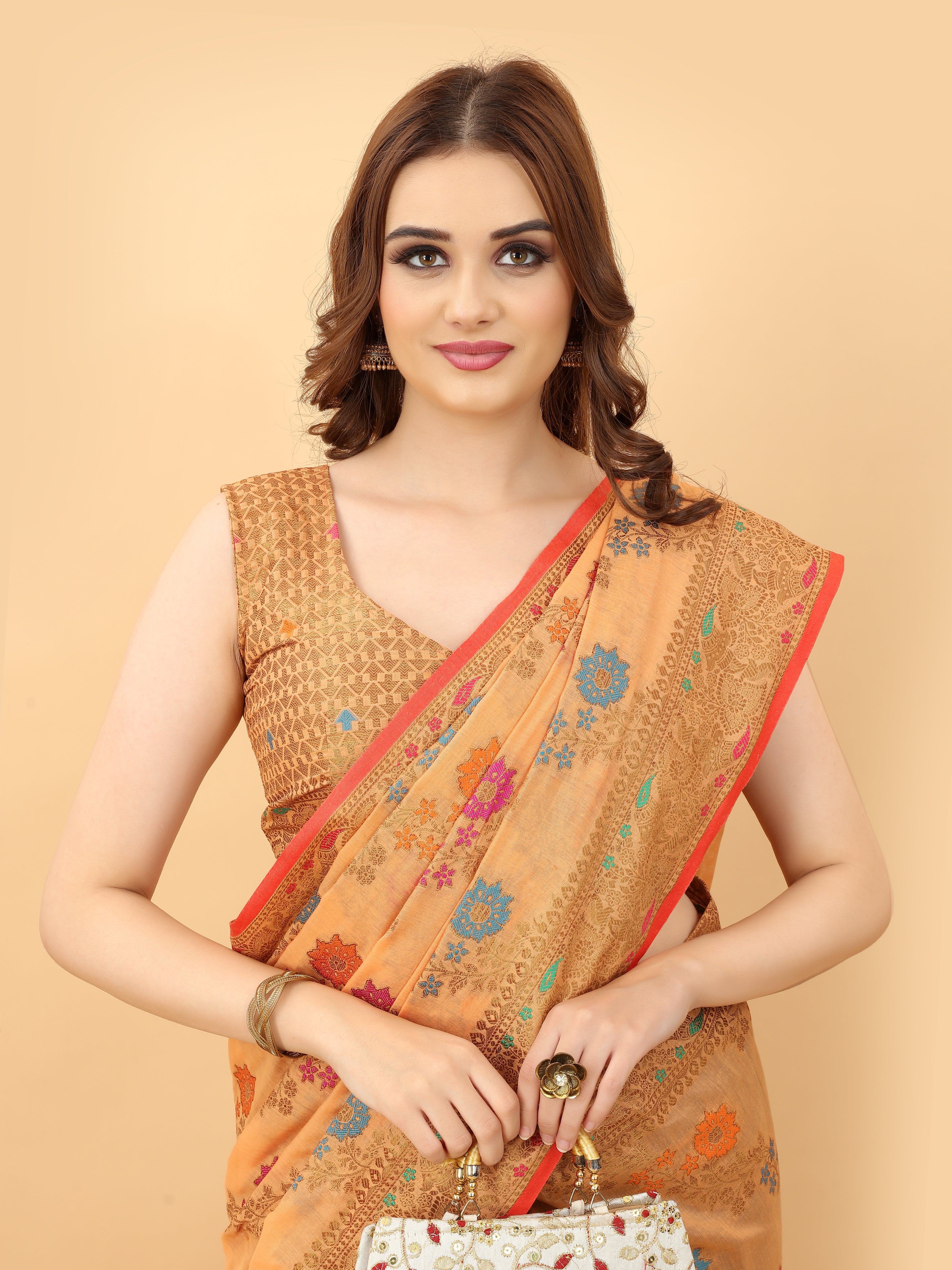 Vsaree Banarasi Cotton Blend Saree With Designer Border And Blouse