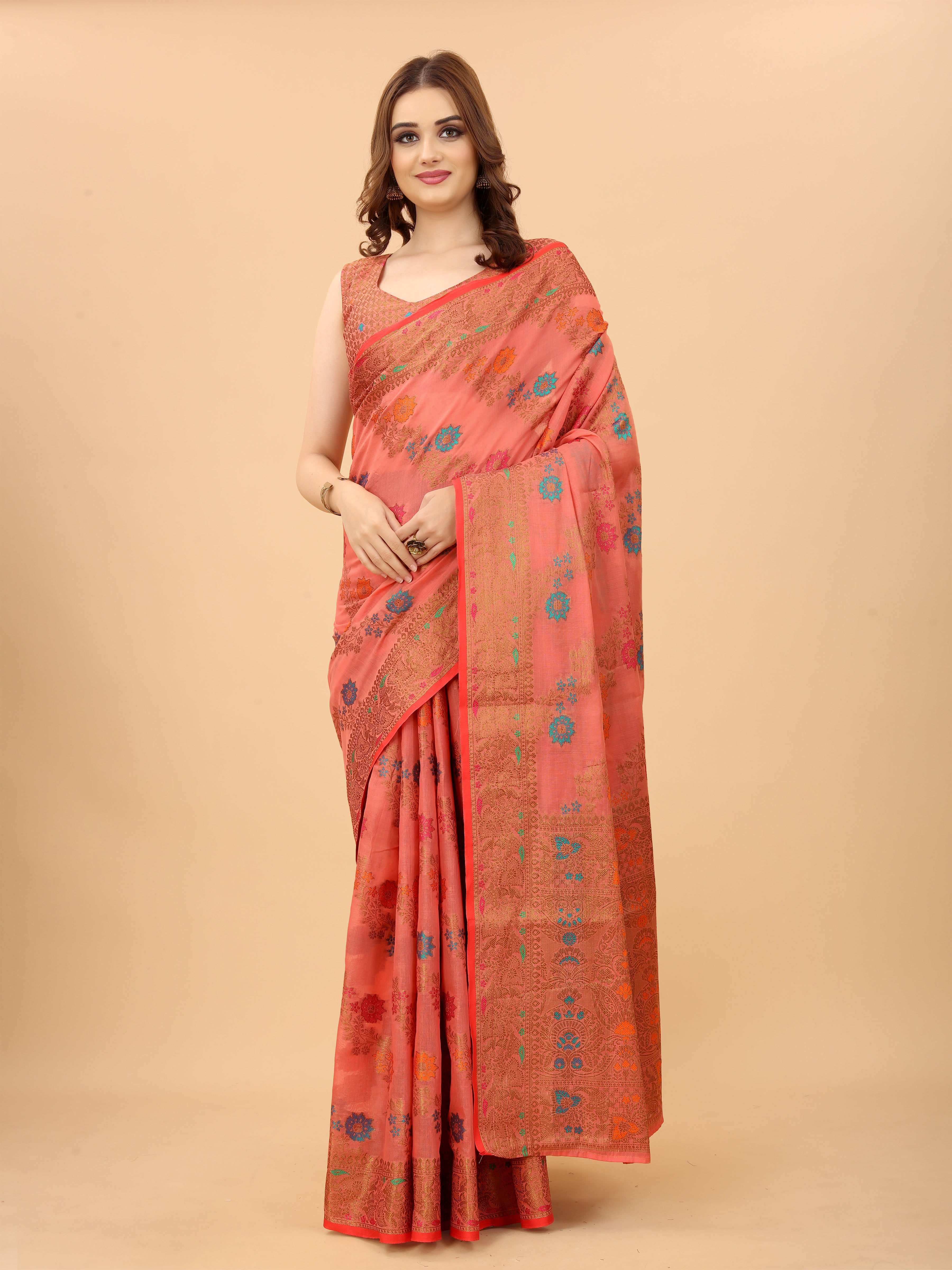 Vsaree Banarasi Cotton Blend Saree With Designer Border And Blouse