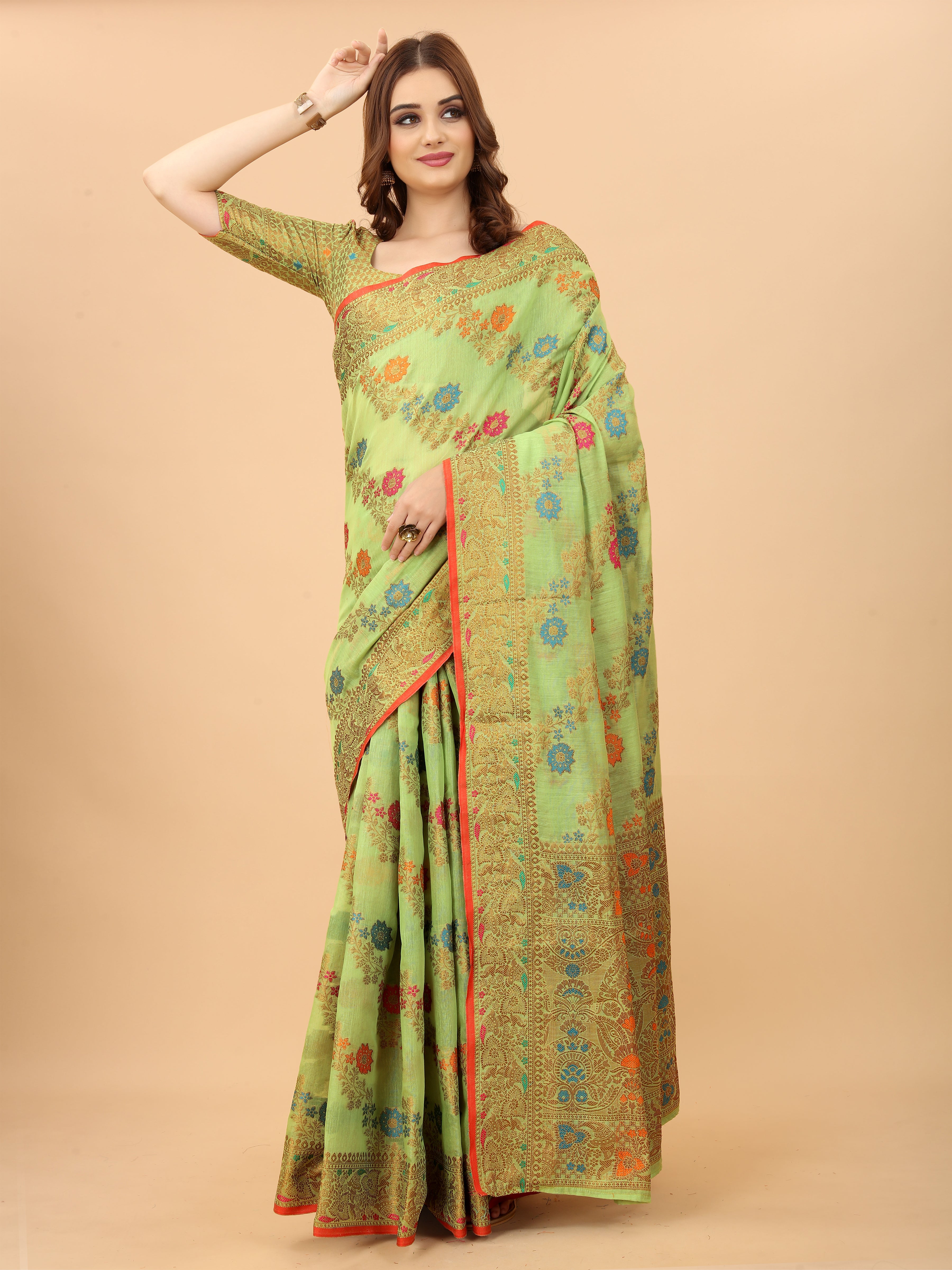 Vsaree Pista Linen Cotton Saree Zari Weaving Border And Fancy Pallu With Blouse