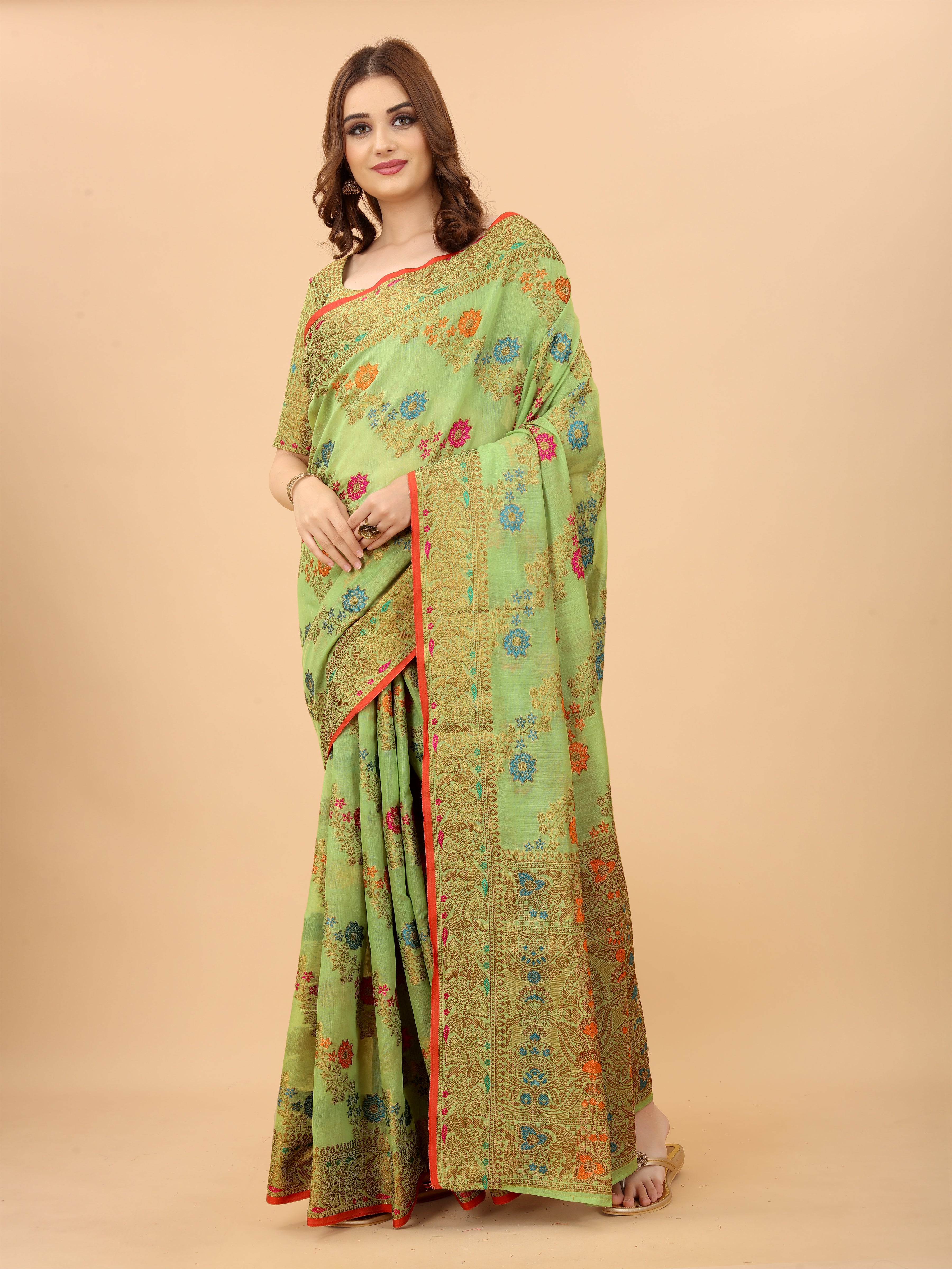 Vsaree Pista Linen Cotton Saree Zari Weaving Border And Fancy Pallu With Blouse