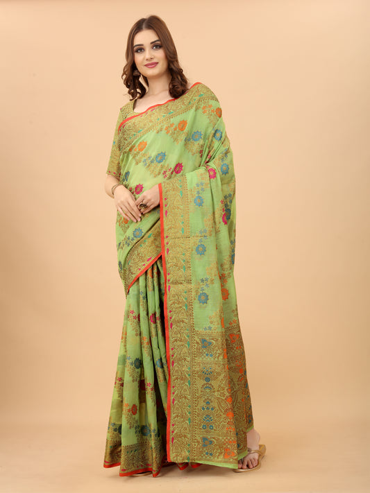 Vsaree Pista Linen Cotton Saree Zari Weaving Border And Fancy Pallu With Blouse