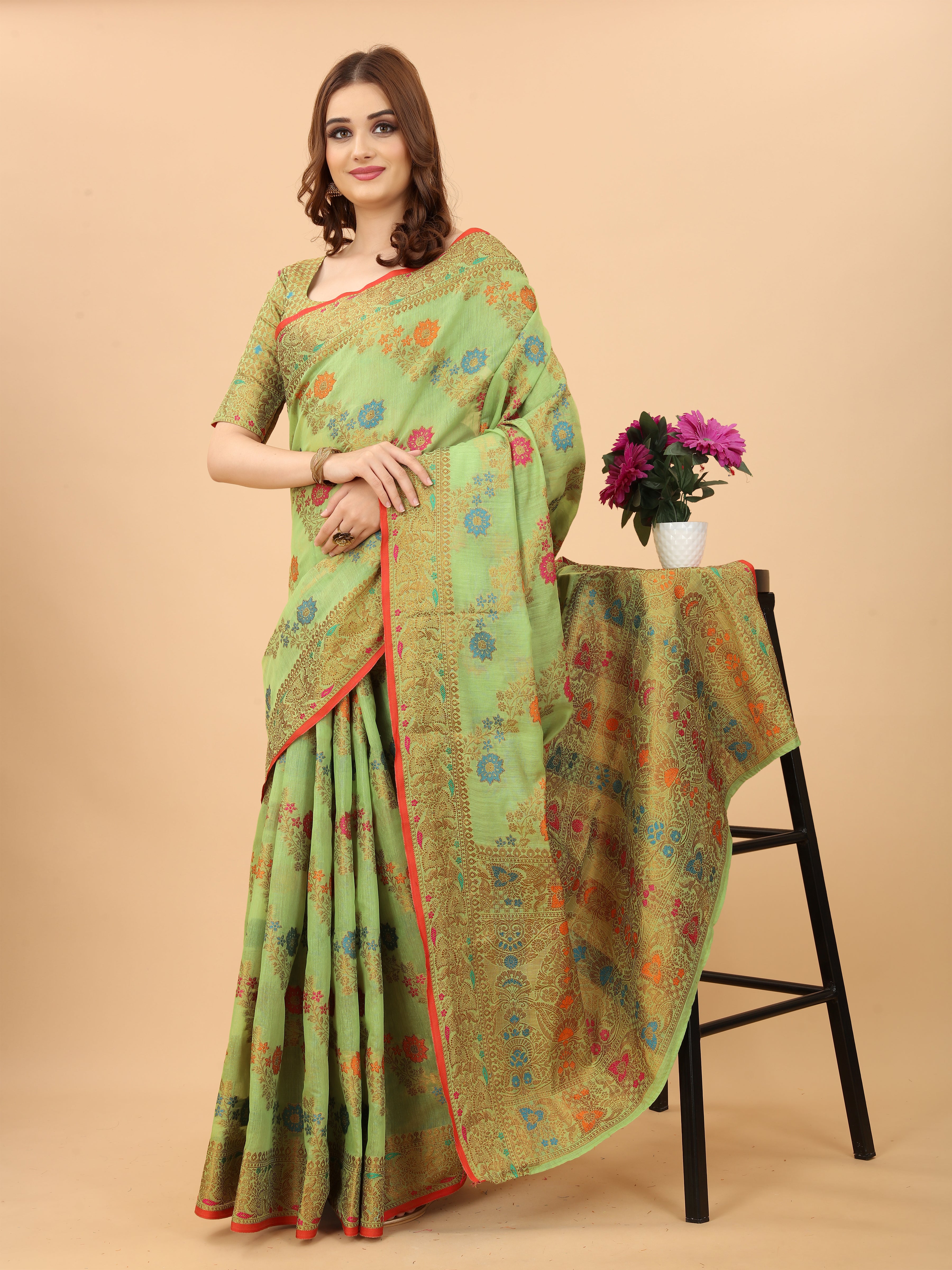 Vsaree Pista Linen Cotton Saree Zari Weaving Border And Fancy Pallu With Blouse