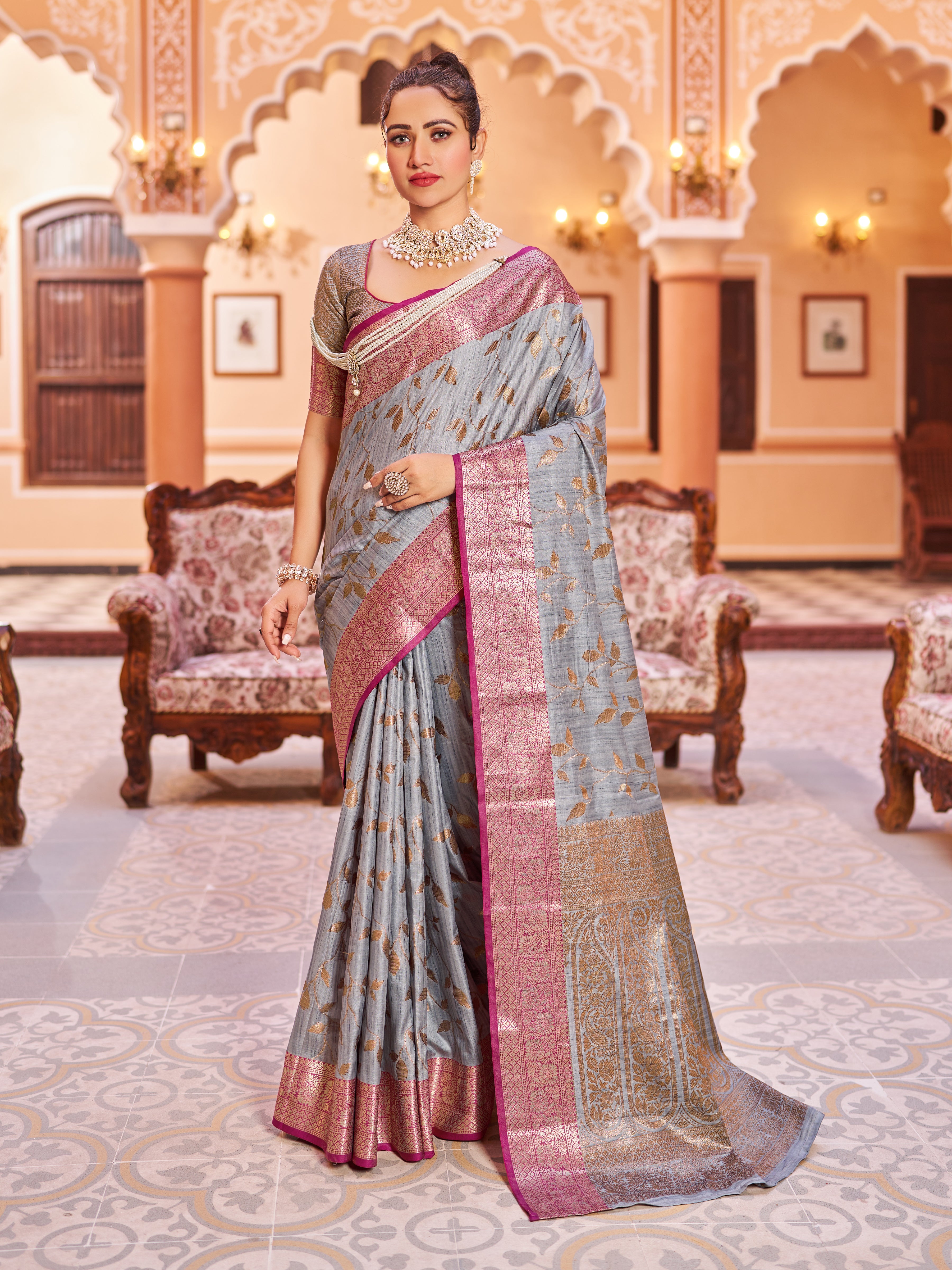 Vsaree Grey Cotton Silk Saree Zari Weaving Border And Fancy Pallu With Blouse