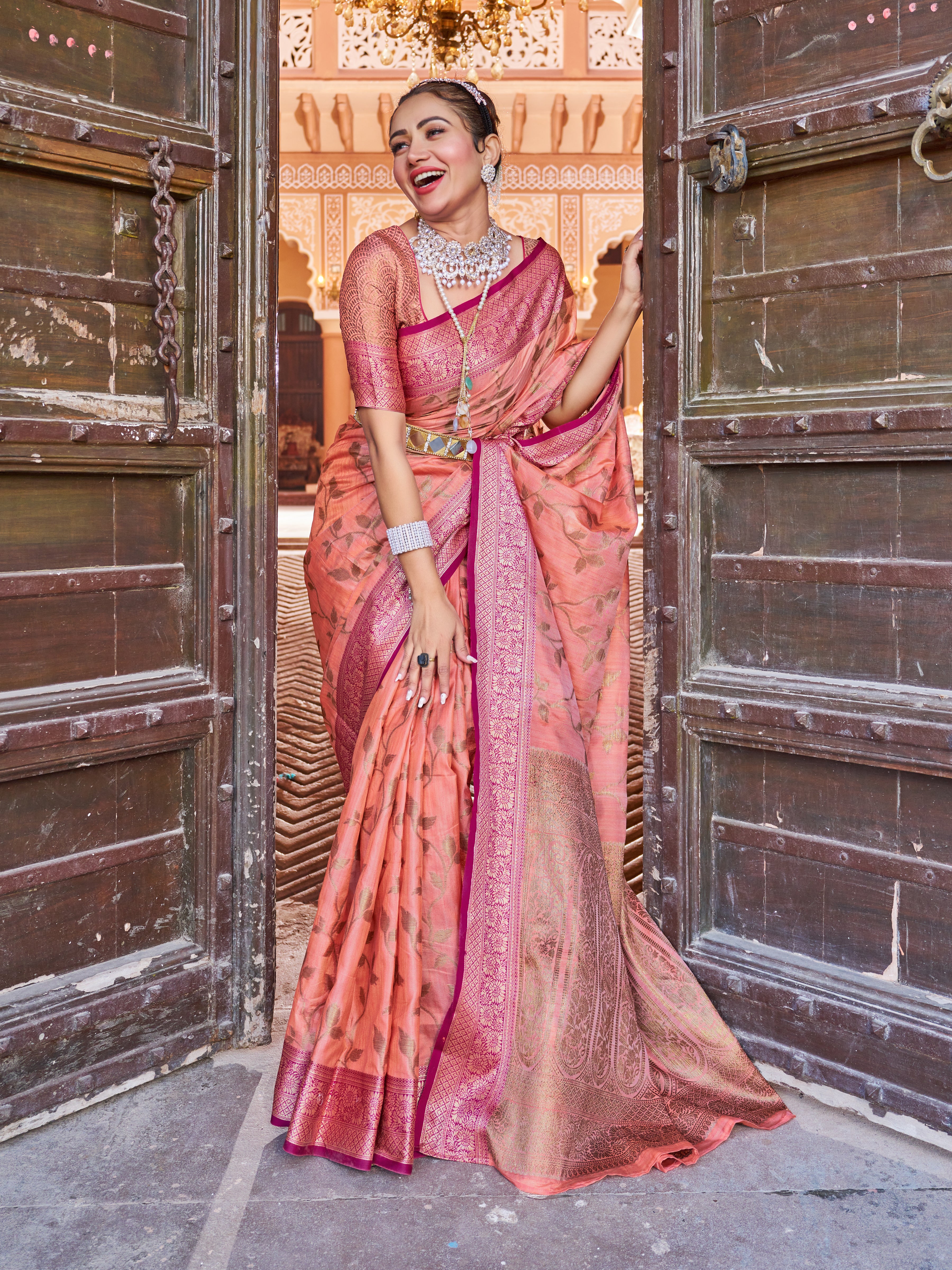 Vsaree Peach Cotton Silk Saree Zari Weaving Border And Fancy Pallu With Blouse