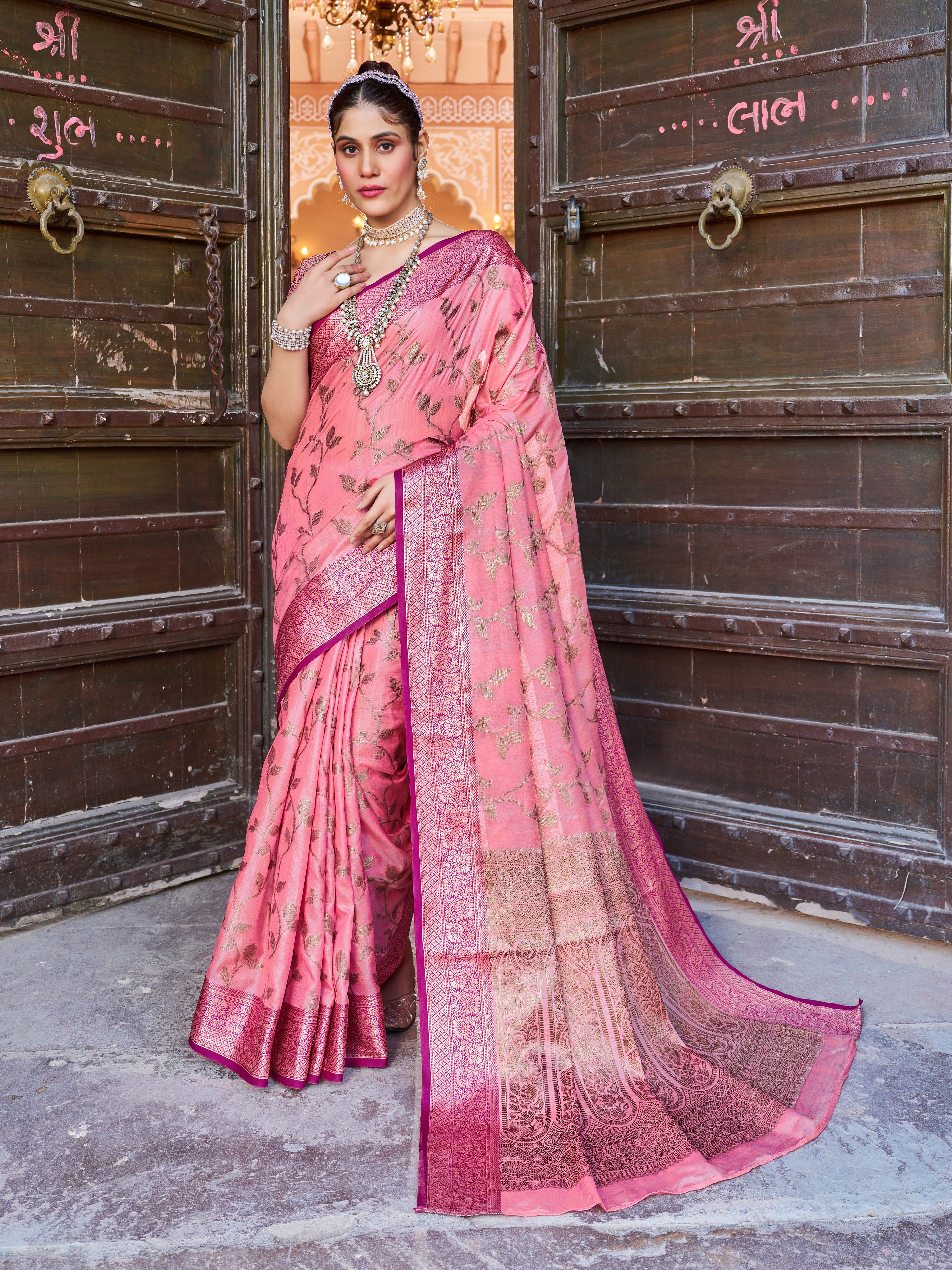 Vsaree Pink Cotton Silk Saree Zari Weaving Border And Fancy Pallu With Blouse