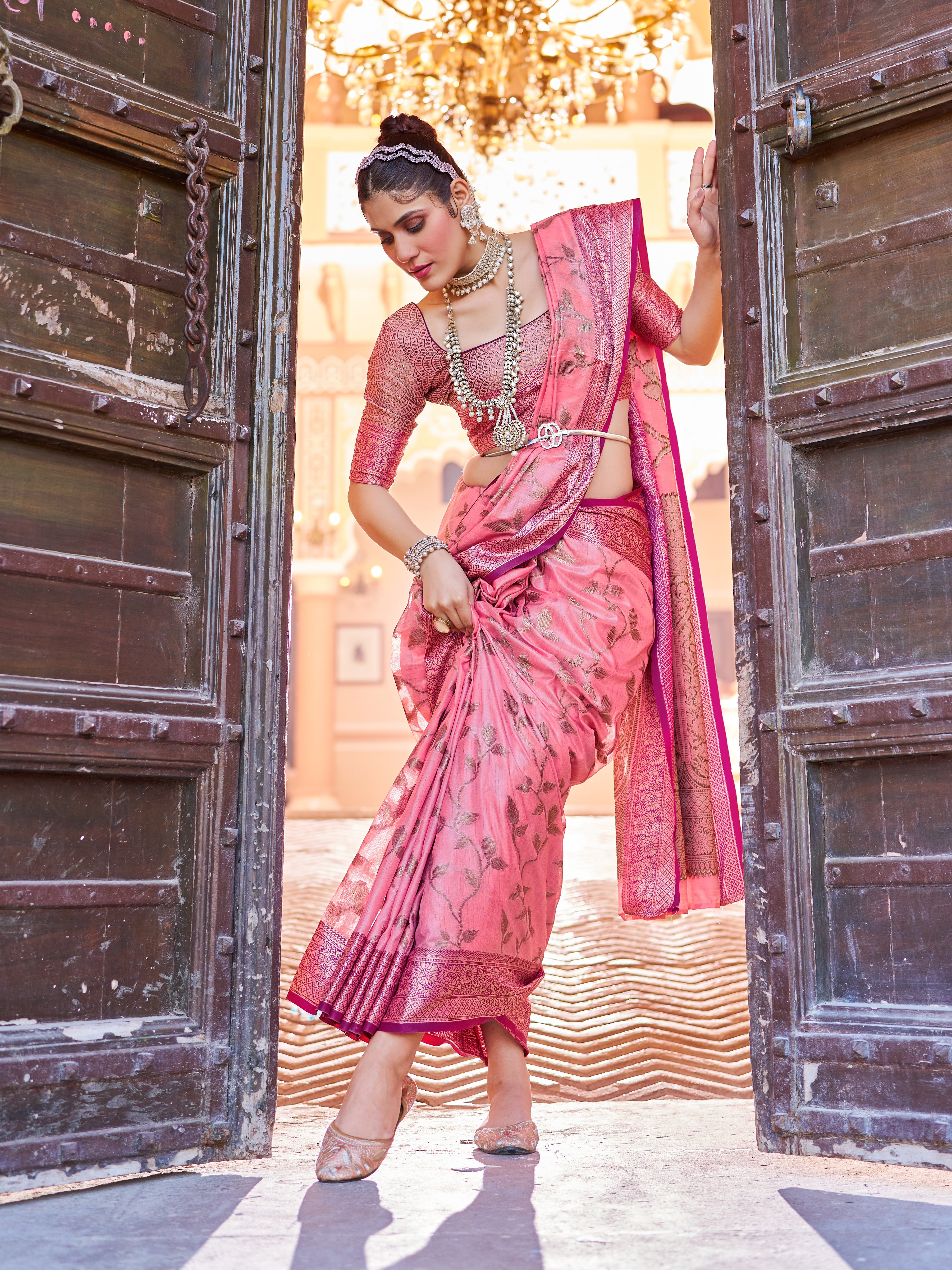 Vsaree Pink Cotton Silk Saree Zari Weaving Border And Fancy Pallu With Blouse