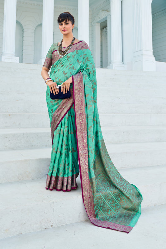 Vsaree Teal Cotton Silk Saree Zari Weaving Border And Fancy Pallu With Blouse