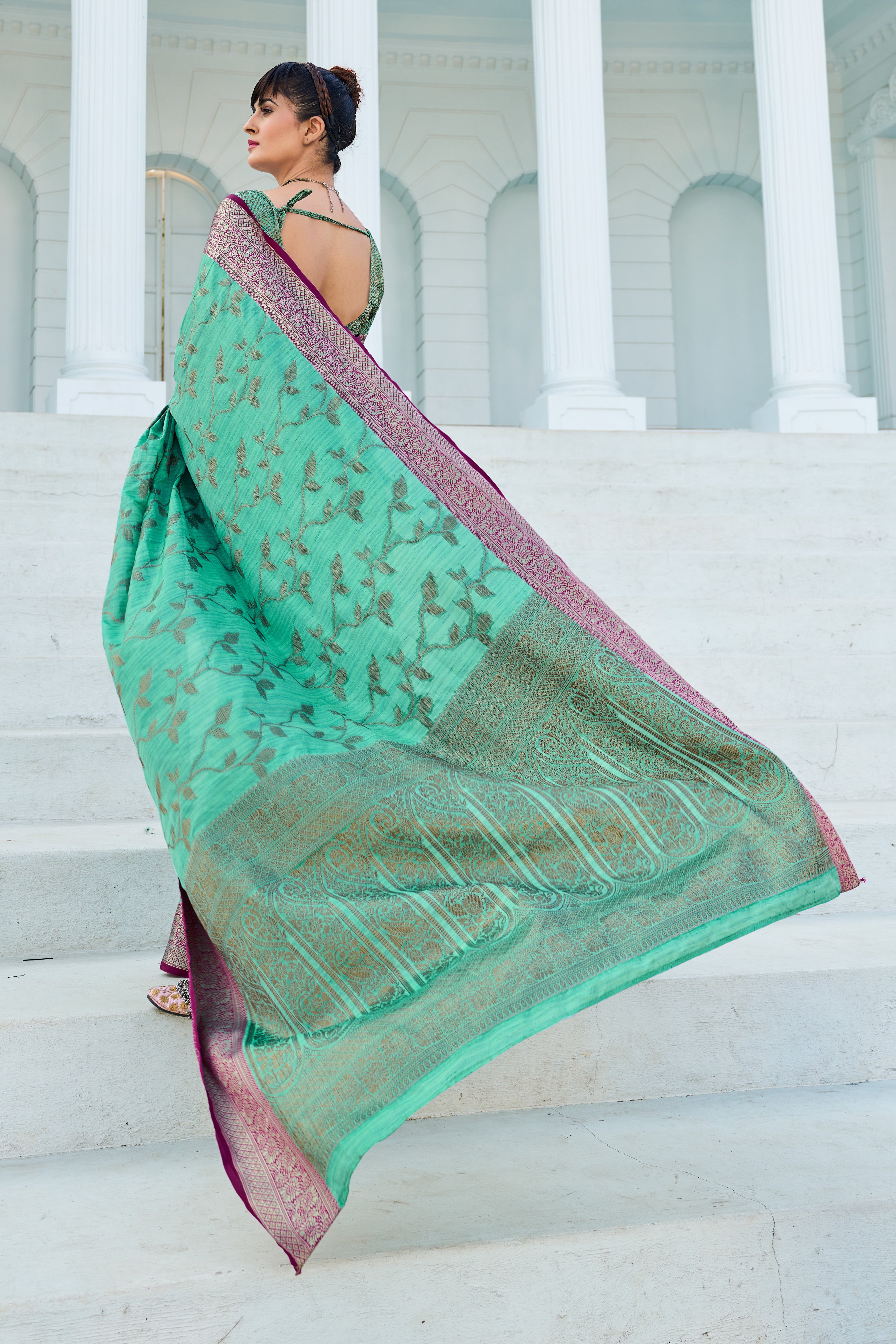 Vsaree Teal Cotton Silk Saree Zari Weaving Border And Fancy Pallu With Blouse