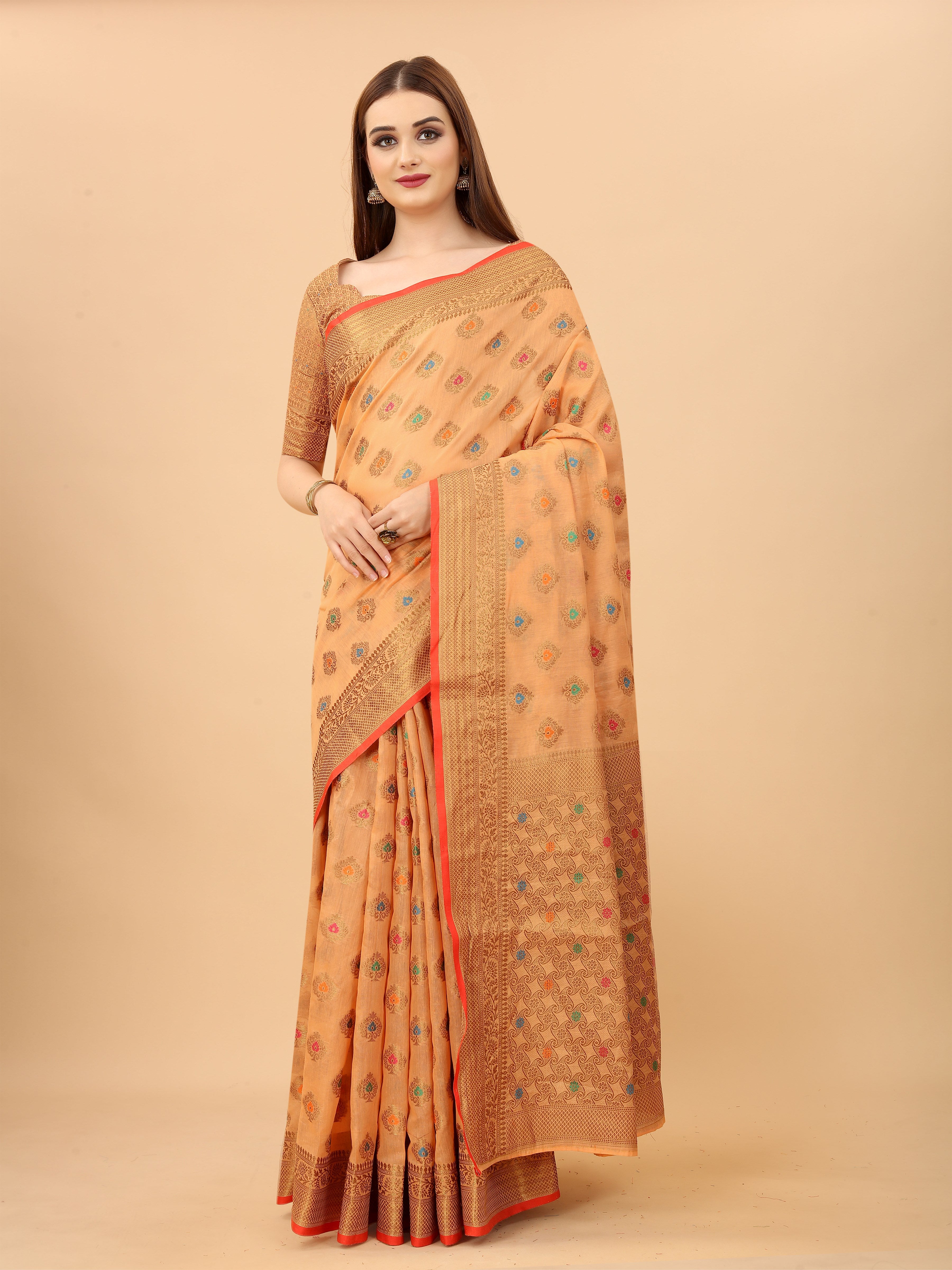 Vsaree Banarasi Cotton Blend Saree With Designer Border And Blouse