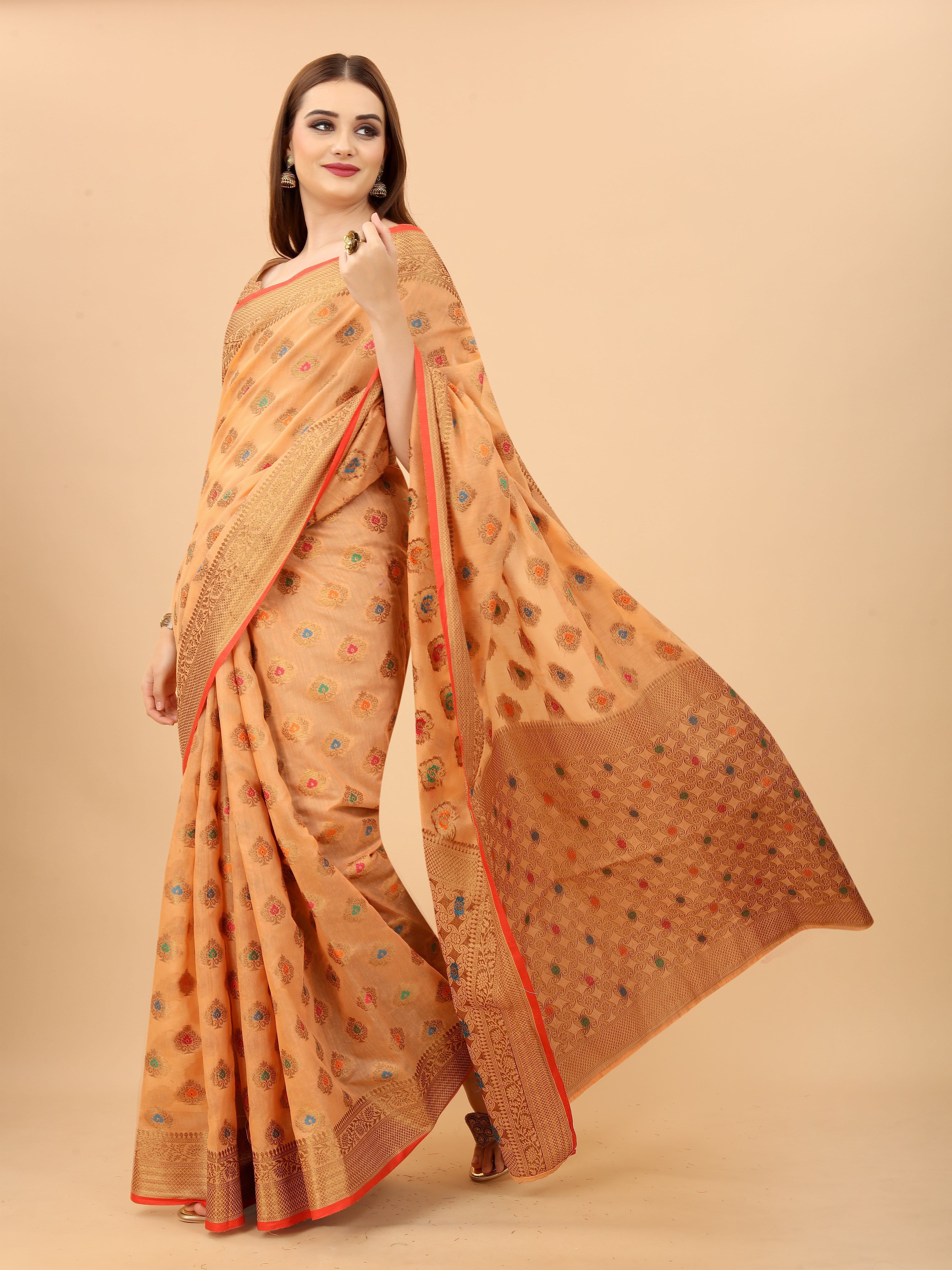 Vsaree Banarasi Cotton Blend Saree With Designer Border And Blouse