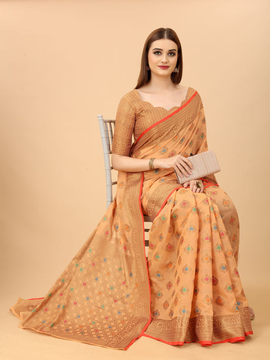 Vsaree Banarasi Cotton Blend Saree With Designer Border And Blouse