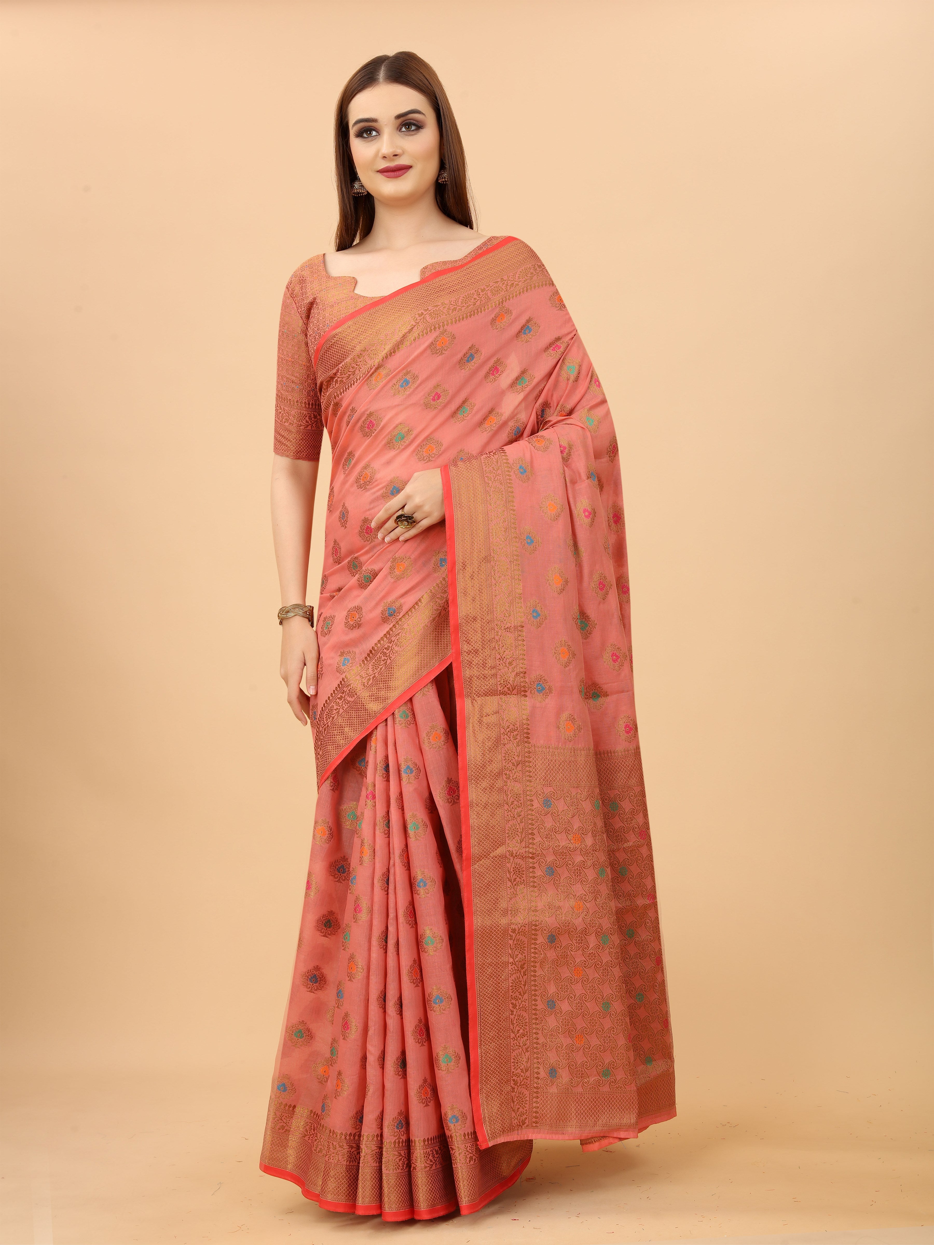 Vsaree Banarasi Cotton Blend Saree With Designer Border And Blouse