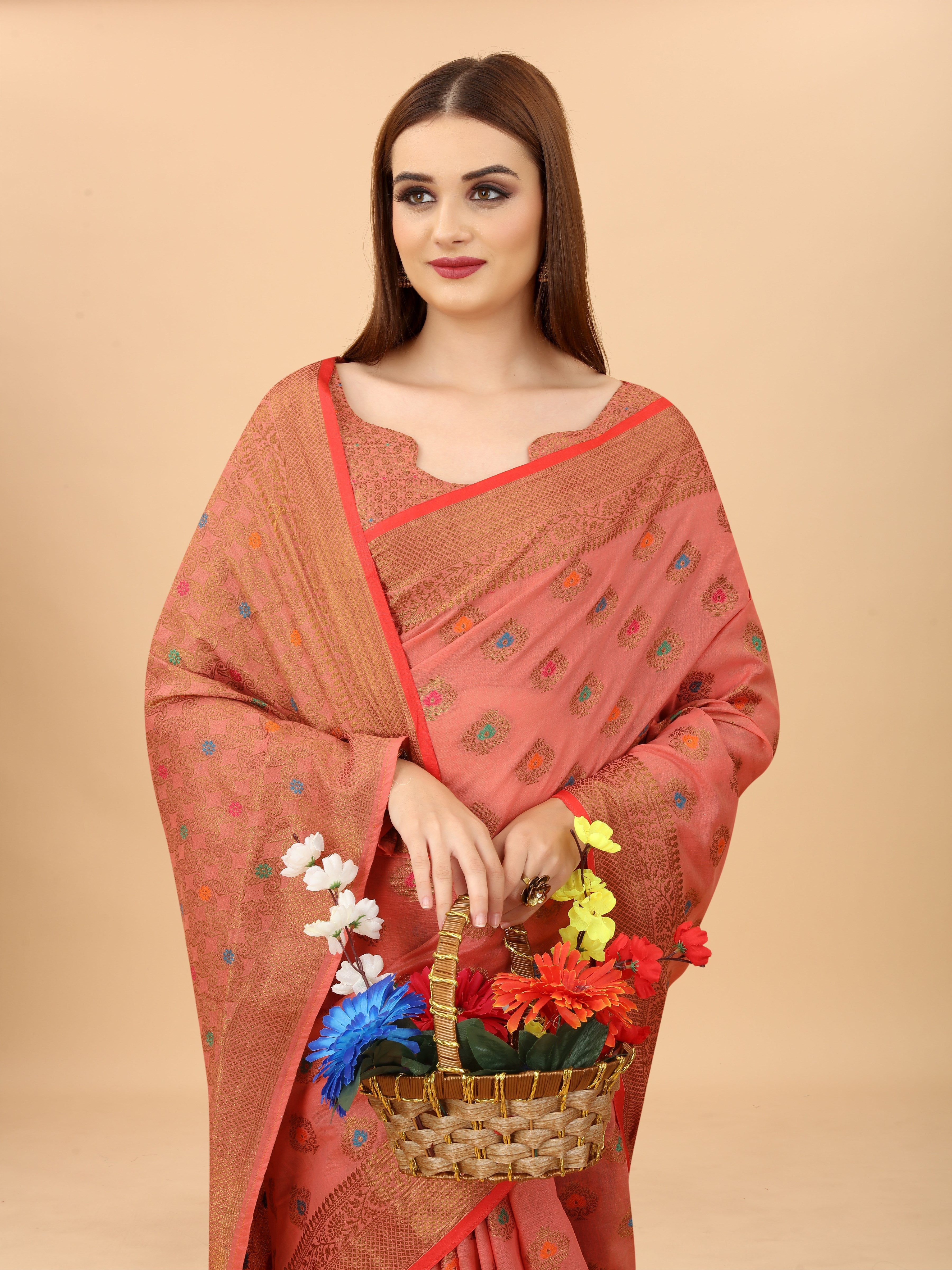 Vsaree Banarasi Cotton Blend Saree With Designer Border And Blouse