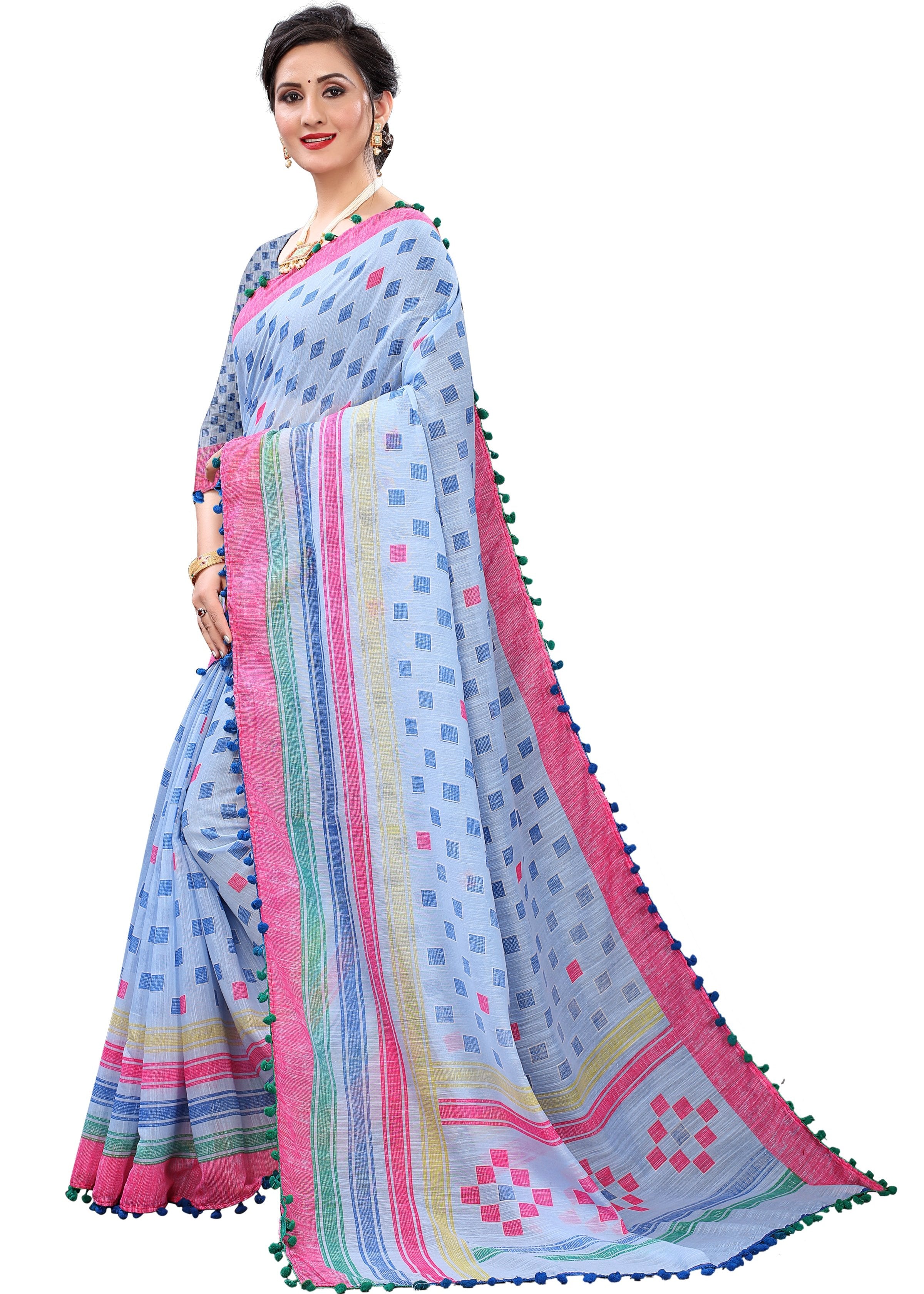 Vsaree Sky Blue Soft Cotton Printed Saree With Heavy Border And Designer Saree And Blouse