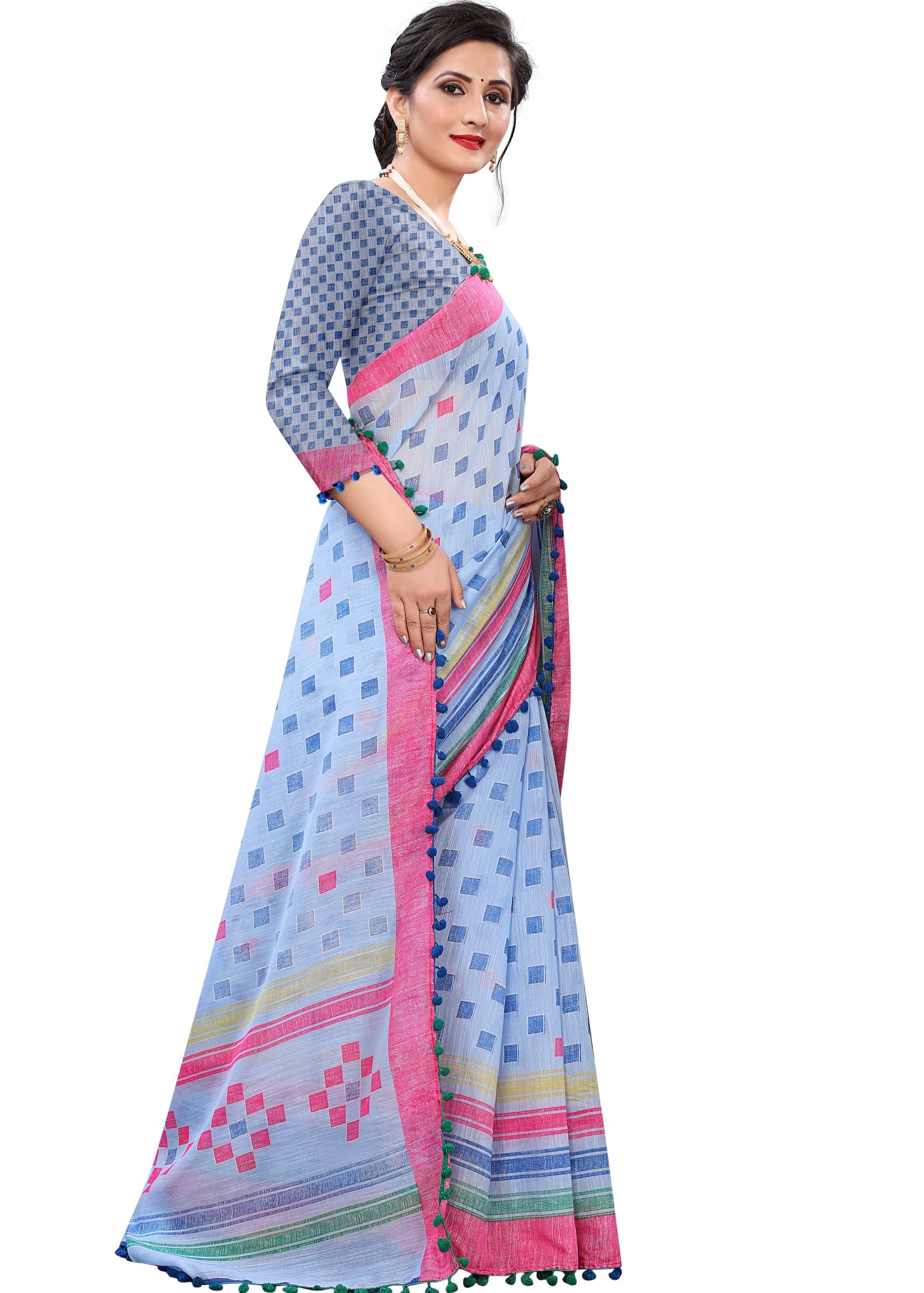 Vsaree Sky Blue Soft Cotton Printed Saree With Heavy Border And Designer Saree And Blouse