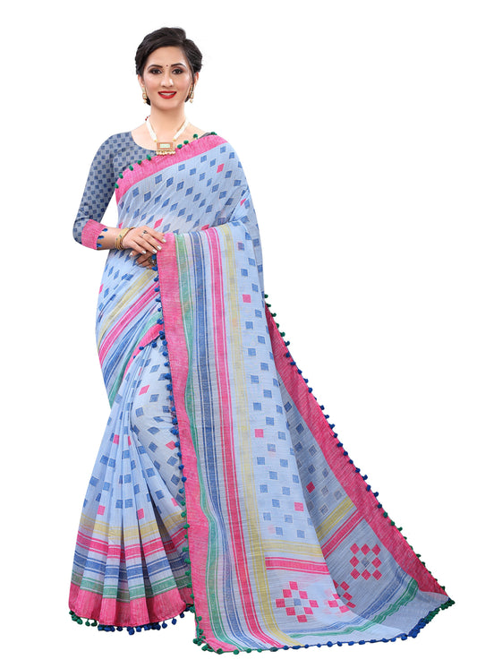 Vsaree Sky Blue Soft Cotton Printed Saree With Heavy Border And Designer Saree And Blouse