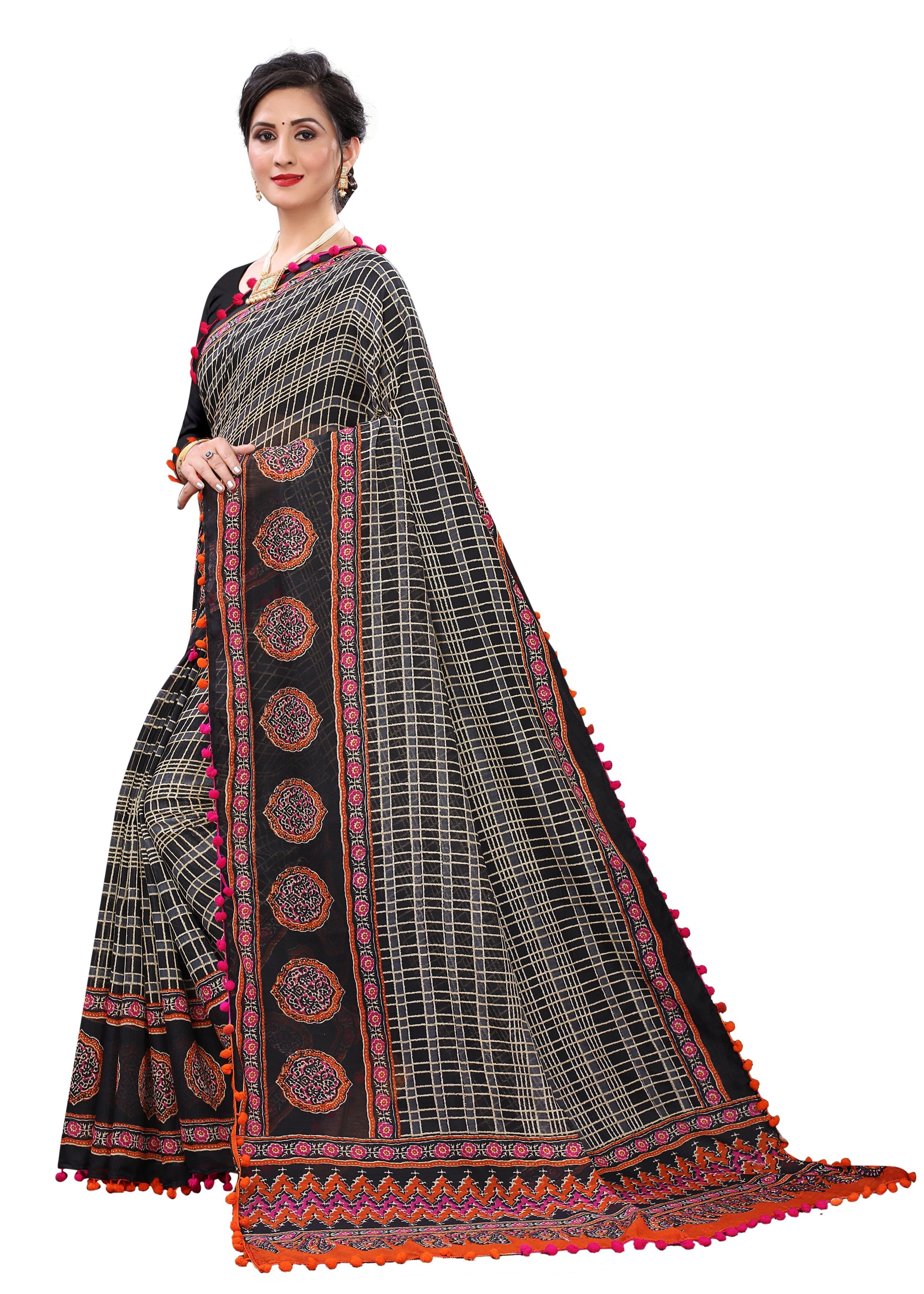 Vsaree Black Soft Cotton Printed Saree With Heavy Border And Designer Saree And Blouse