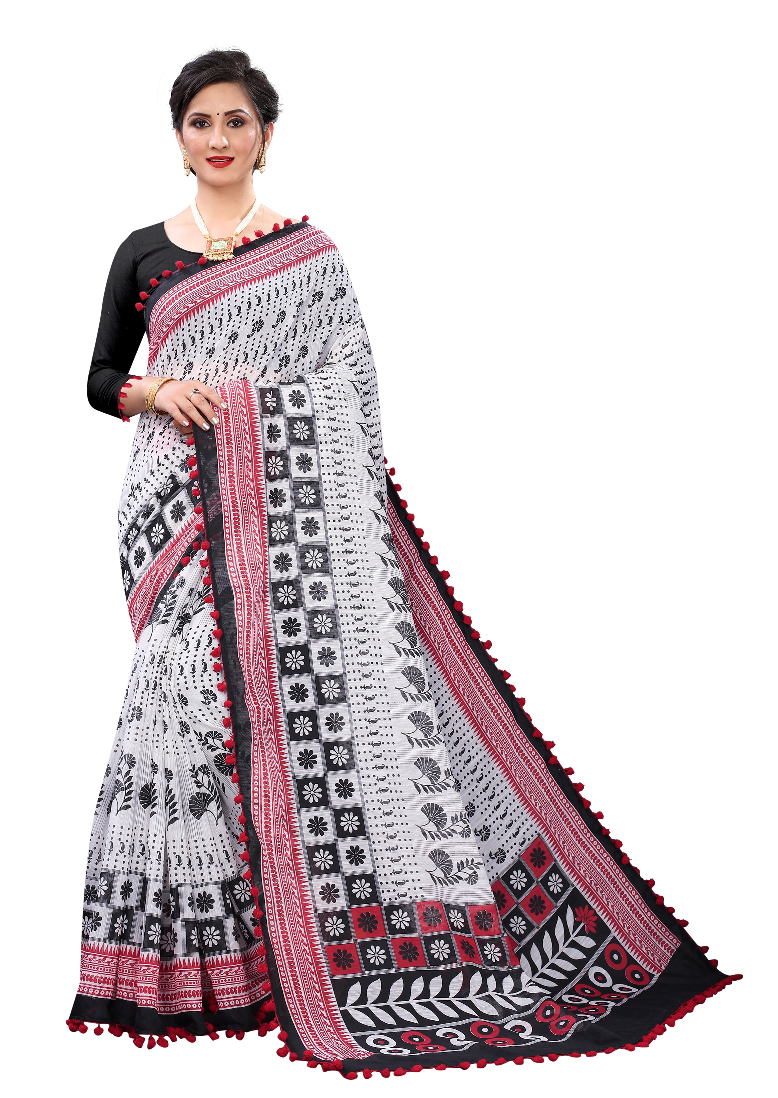 Vsaree White Soft Cotton Printed Saree With Heavy Border And Designer Saree And Blouse