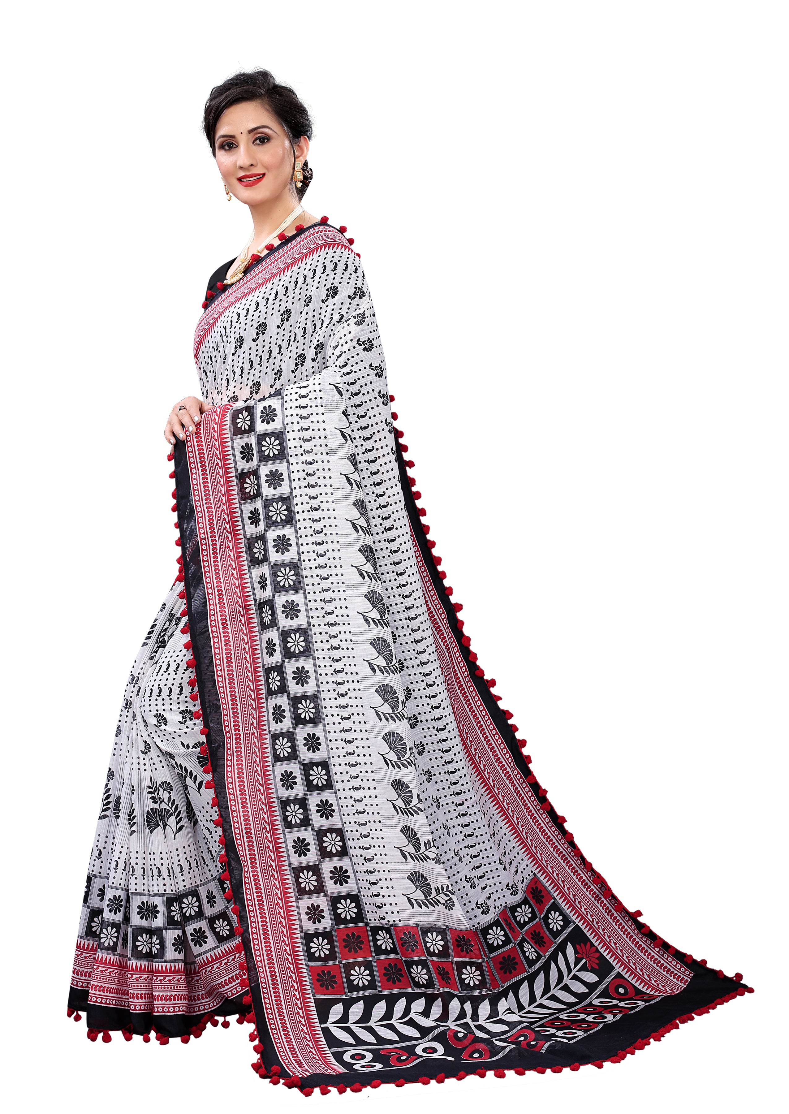 Vsaree White Soft Cotton Printed Saree With Heavy Border And Designer Saree And Blouse