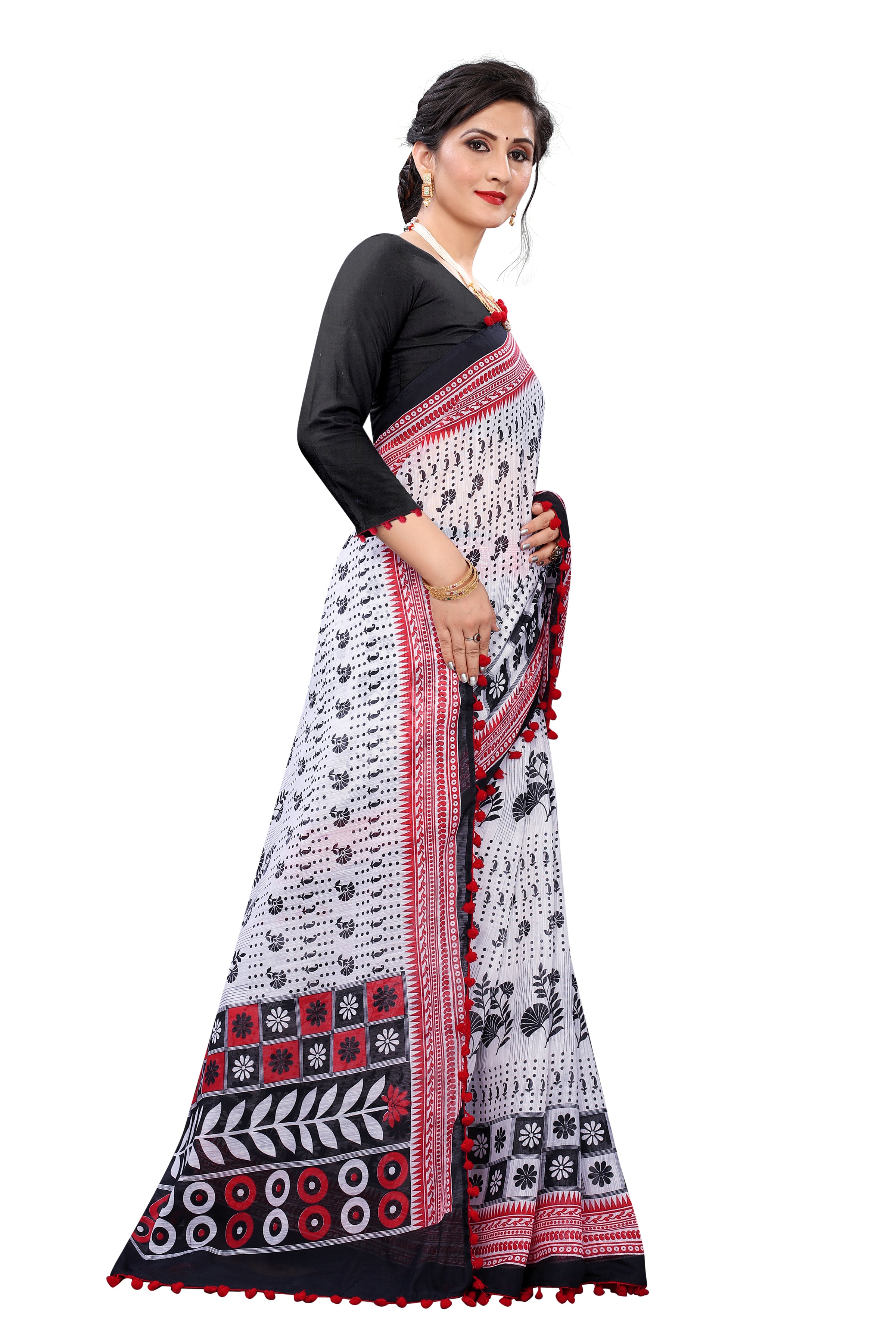 Vsaree White Soft Cotton Printed Saree With Heavy Border And Designer Saree And Blouse