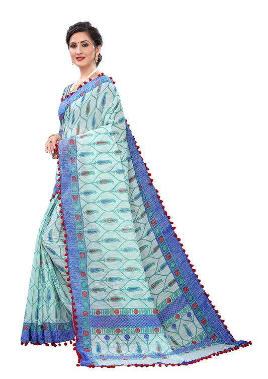 Vsaree Firozi Soft Cotton Printed Saree With Heavy Border And Designer Saree And Blouse