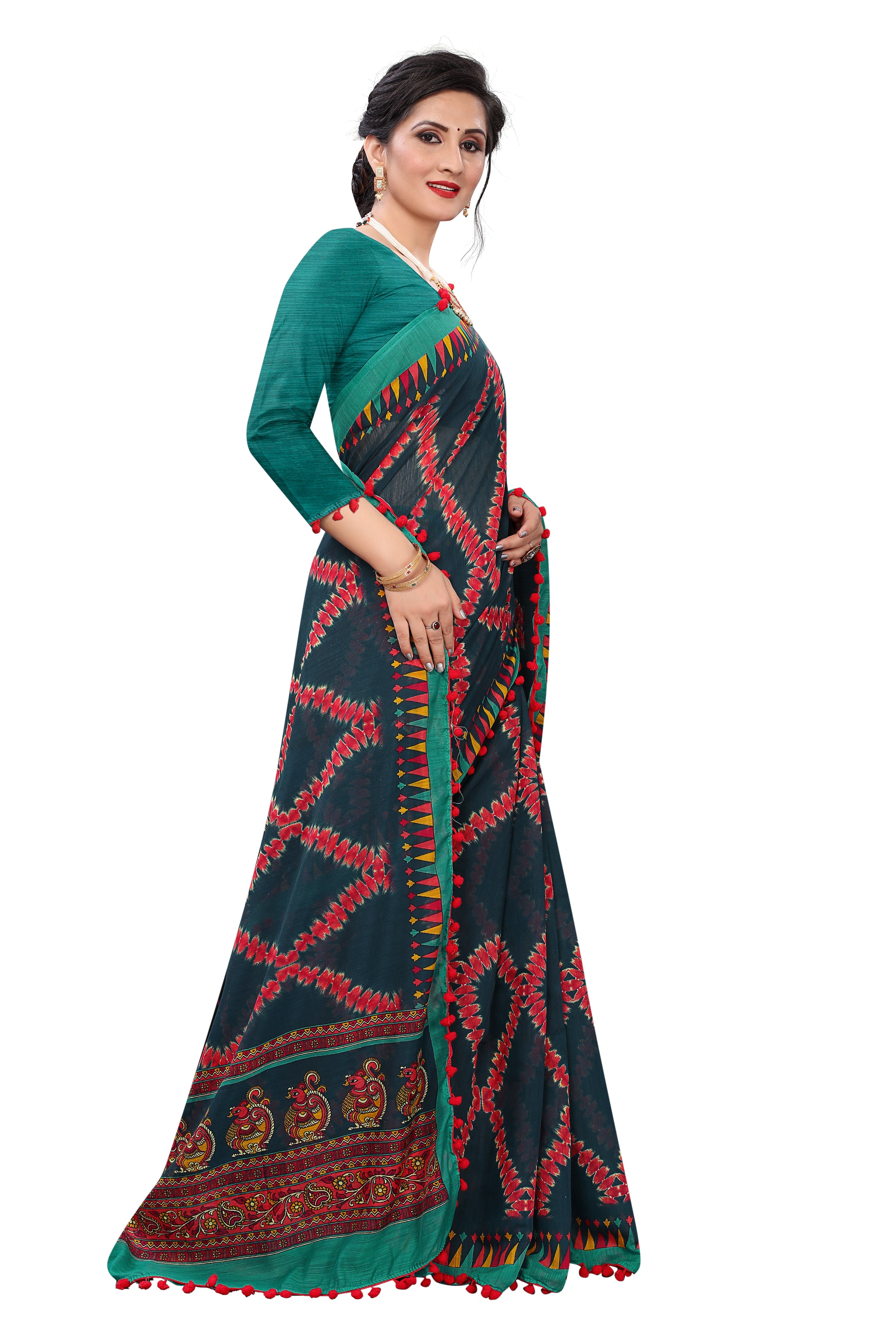 Vsaree Green Soft Cotton Printed Saree With Heavy Border And Designer Saree And Blouse