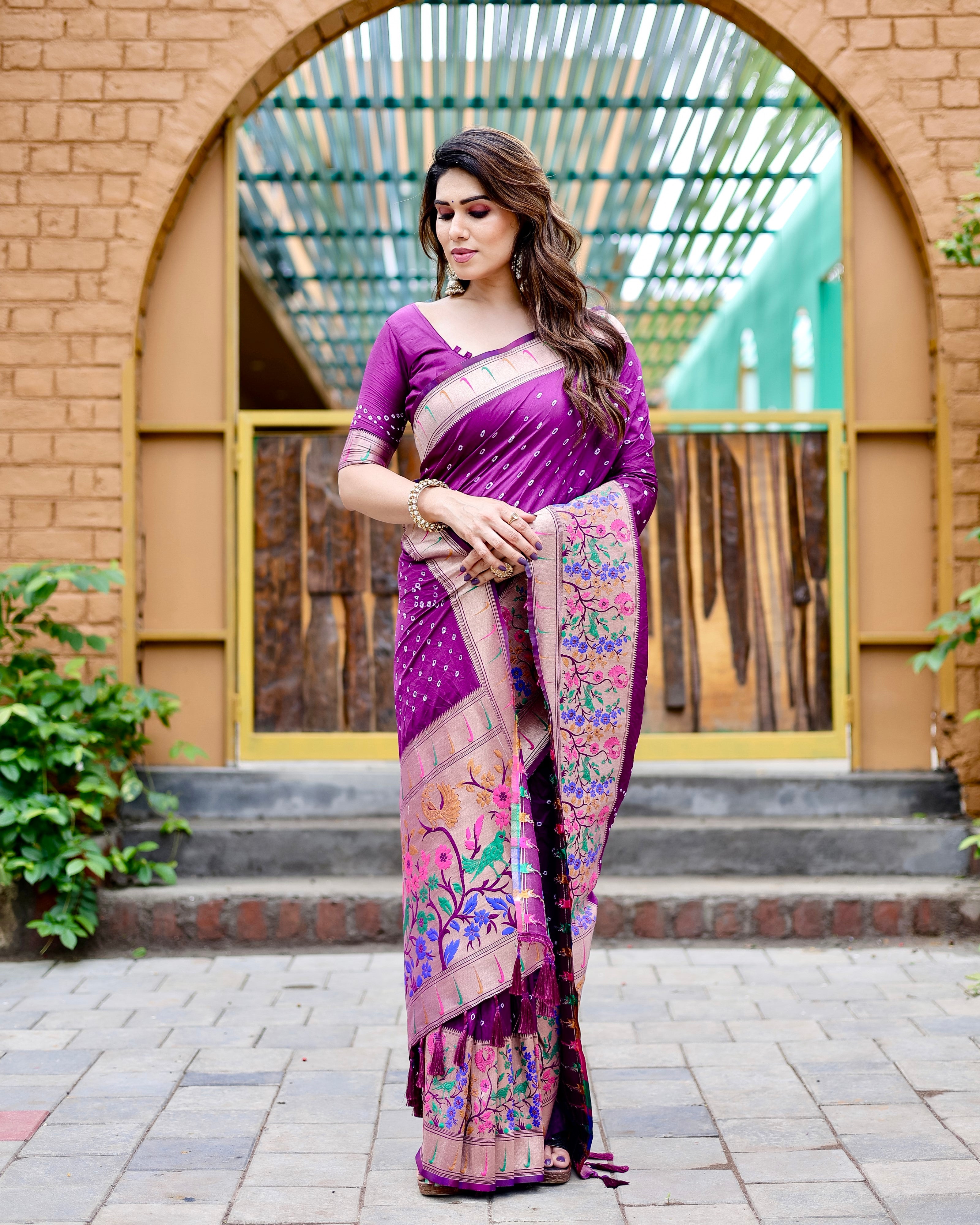 Vsaree Bandhej Paithani Silk Minakari Border And Zari Weaving Rich Pallu With Blouse